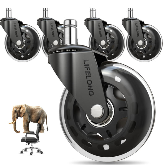 Lifelong Original Office Chair Wheels (As Seen On CNN) Replacement Rubber Chair Casters for Hardwood Floors and Carpet, Set of 5, Heavy Duty Casters for Chairs to Replace Office Chair Mats - Fits 98%