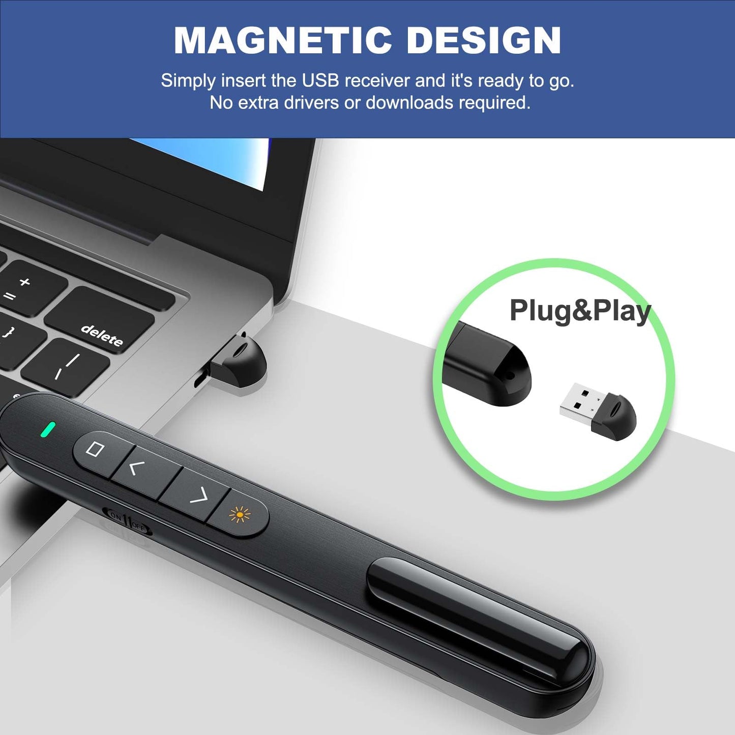 QUI Presentation Clicker with Volume Control, 2.4GHz USB Wireless Presenter Remote, PowerPoint Clicker Slide Advancer Compatible with Mac, Windows, Google Slides, Keynote