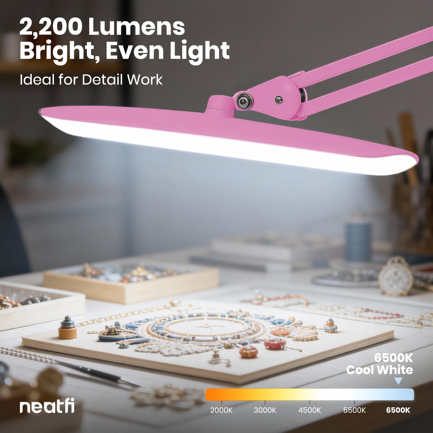 Neatfi XL 2200 Lumens 24W LED Desk Lamp – Shadow-Free Task Lighting | 4-Level Dimming | Home Office & Crafts Use | 20-Inch Wide Head (Pink, Non-CCT with Clamp)