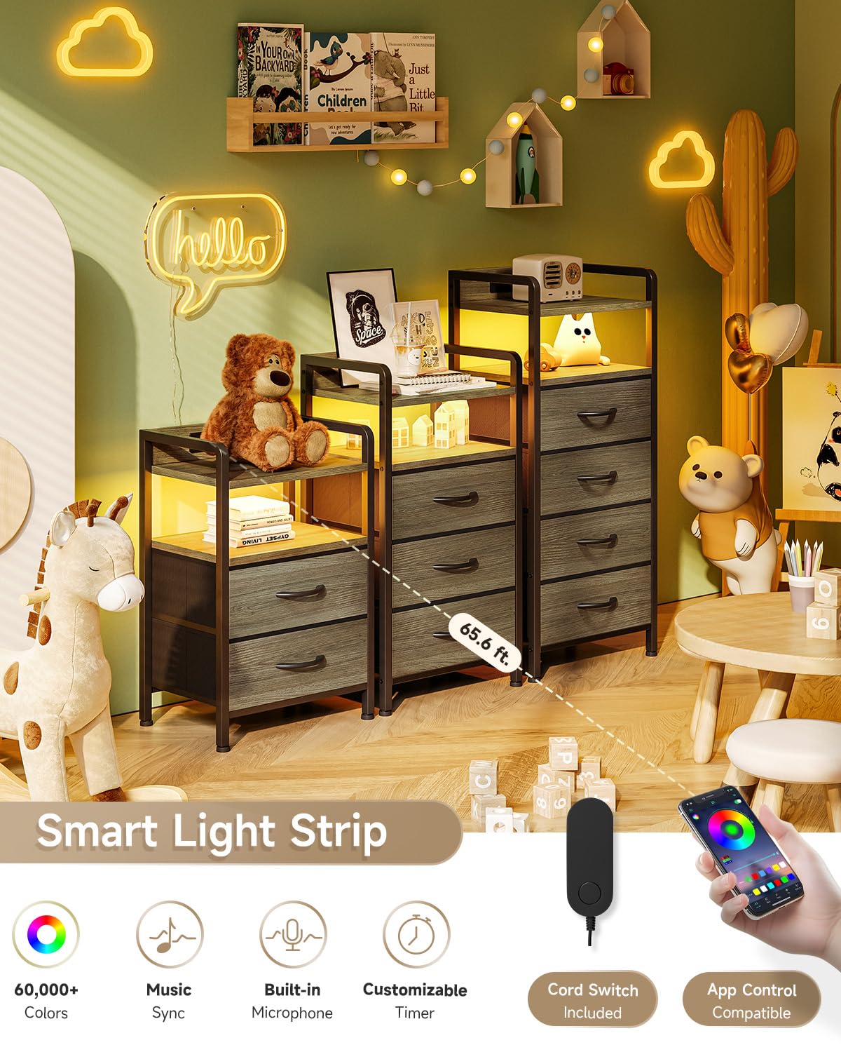 Lazzanto Night Stand Bedside Charger Bedroom - Grey Nightstand with Charging Station & LED Light Strip, Morden End Table with USB Ports & AC Outlets, Night Stand with Storage Shelf & 2 Fabric Drawers
