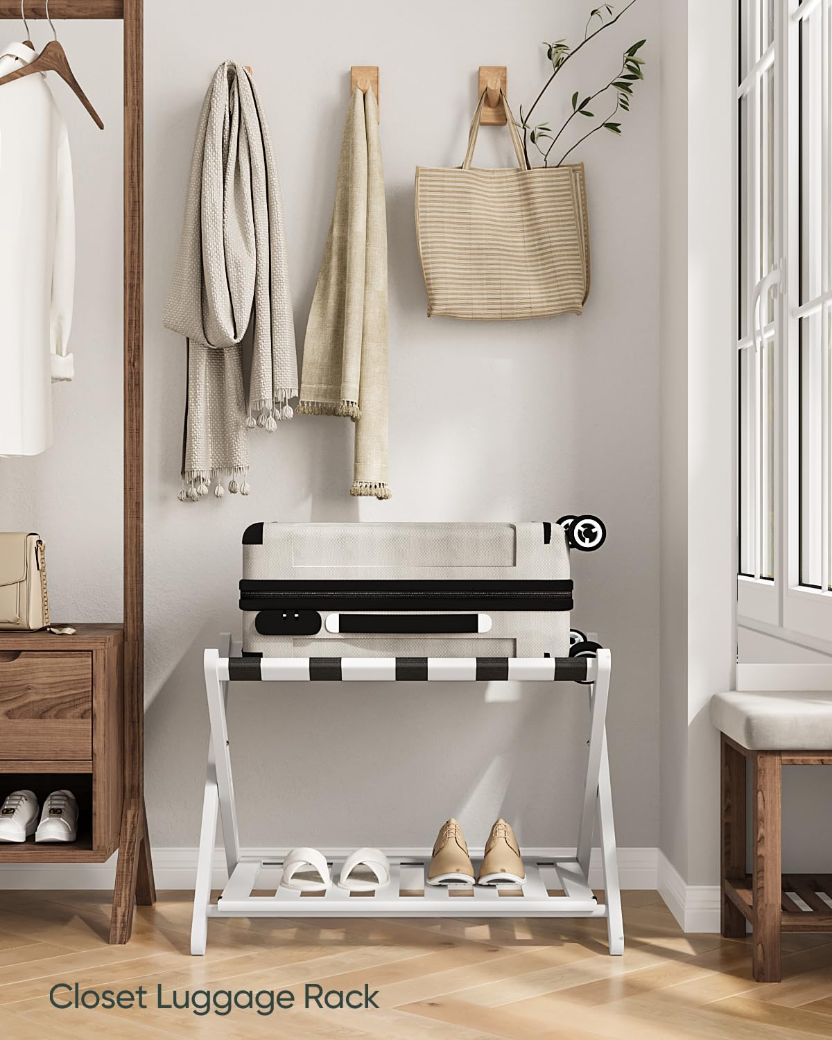 Smart FENDEE Fully Assembled White Bamboo Luggage Rack, 5 Straps Folding Suitcase Stand with Shoe Shelf, Heavy Duty Wood Large Luggage Holders for Guest Room, Bedroom, Hotel