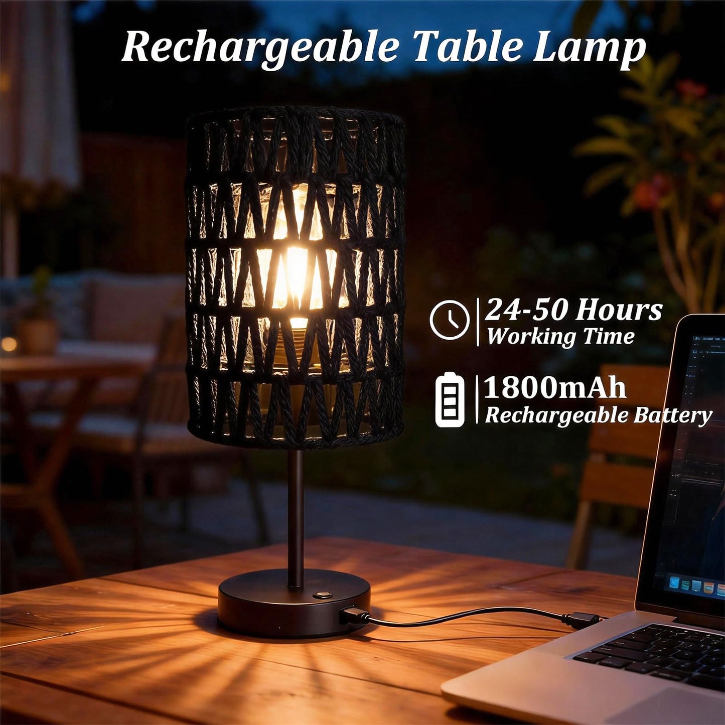 ALL FORTUNE Boho Cordless Outdoor Table Lamps, Rechargeable Battery Operated Rattan Table Lamps, Stepless Dimmable, for Covered Patio, Porch, Gazebo, Living Room, Bedroom Decor- Set of 2 (Black)