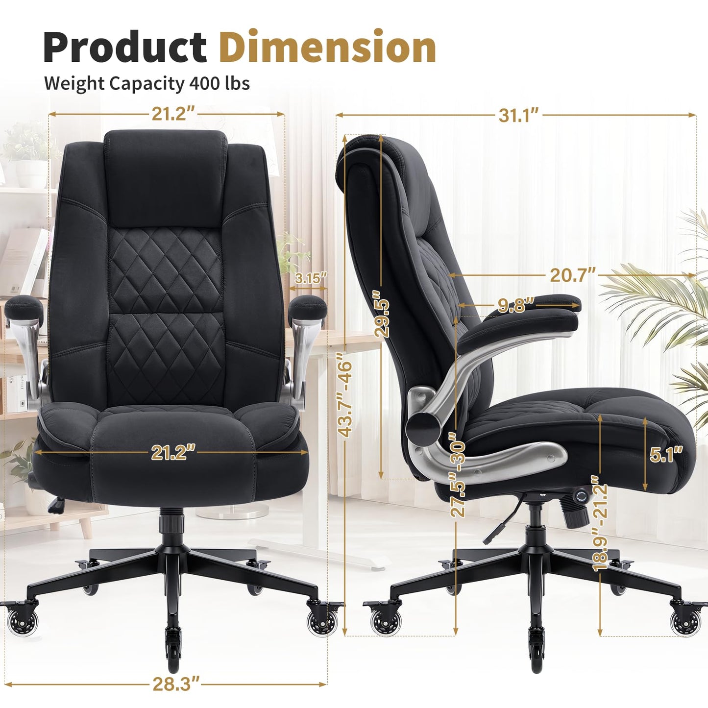 Fabric High Back Office Chair with Lockable Quiet Casters, Thick Padded Ergonomic Computer Chair- Adjustable Lumbar Support & Flip-Up Arms, Wide Executive Desk Chair for Back Pain, 400LBS Capacity