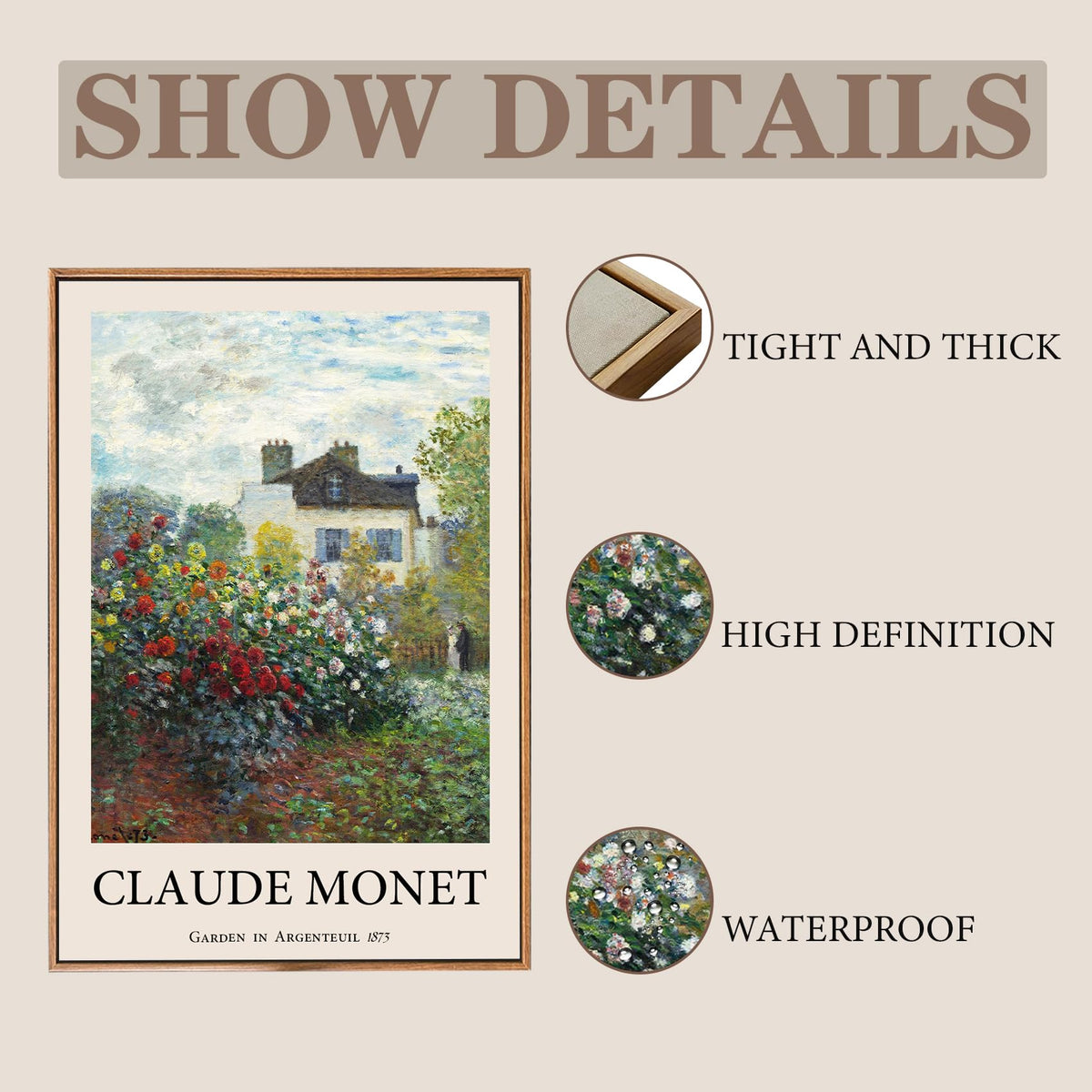 LARAGE Claude Monet Framed Canvas Wall Art,Garden in Argenteuil Famous Oil Painting Pictures,Impressionist Famous Reproductions Artwork for Living Room Office Classroom Wall Decor -12x16in