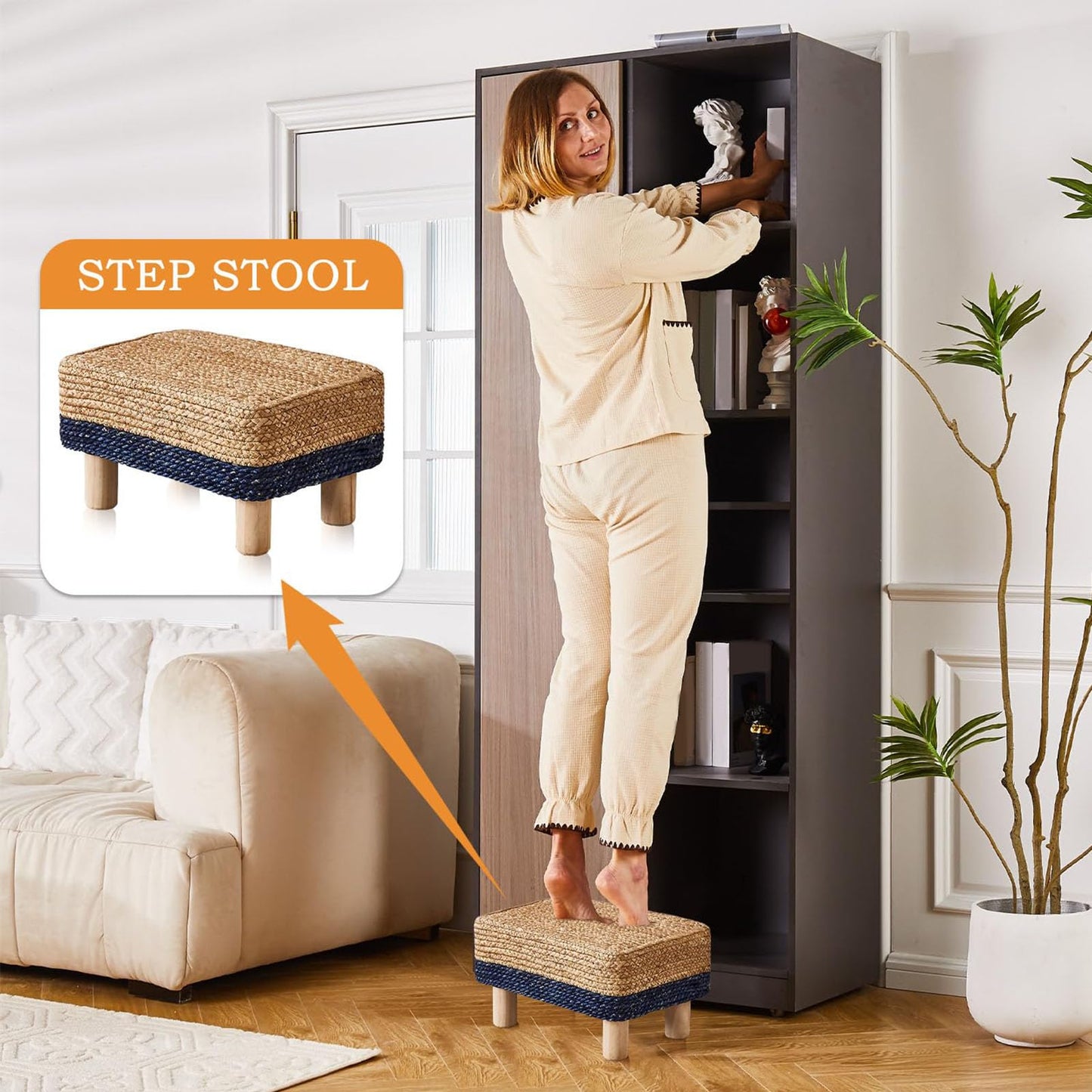 Wimarsbon Natural Seagrass Footstool Ottoman Rectangular Footrest Pouf Ottomans with Wooden Legs Hand Weave Step Stool for Living Room Bedroom Entryway Black
