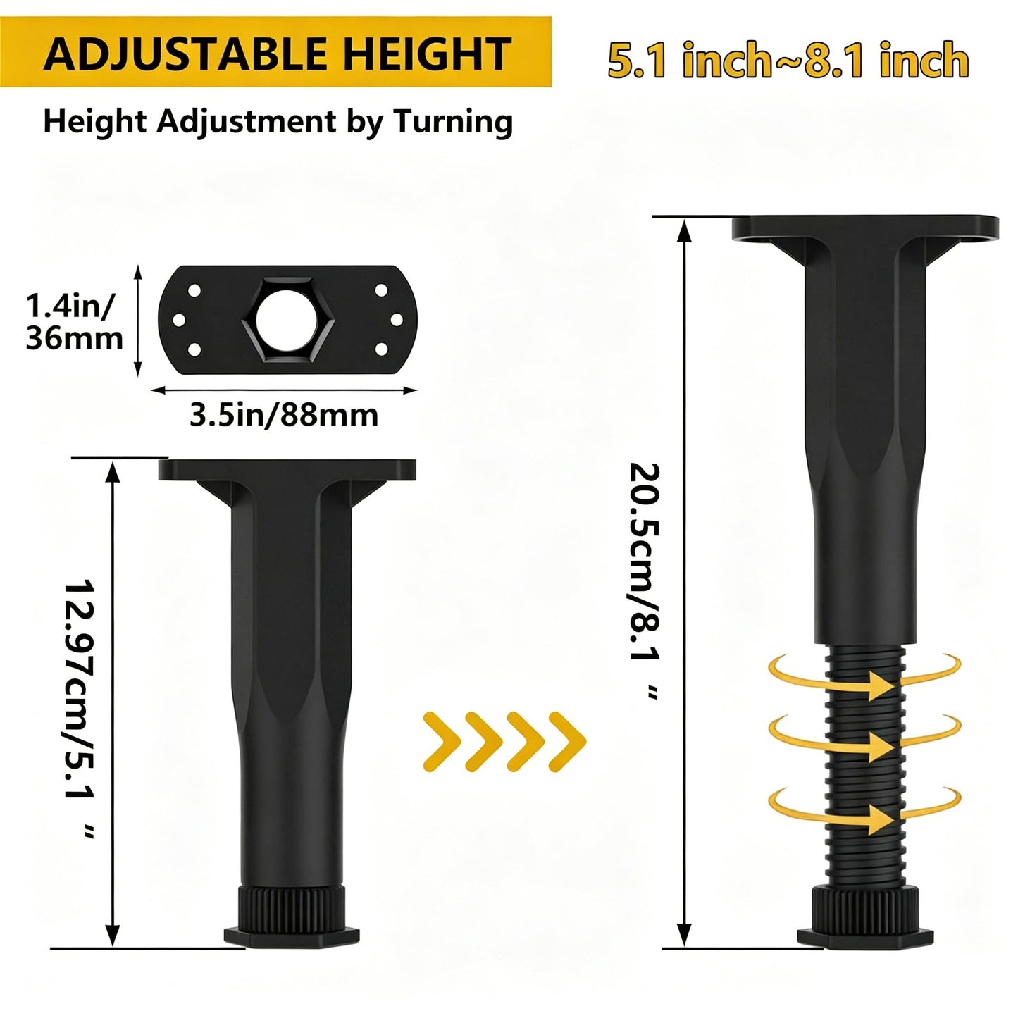 ARTiFiXPRO 2 Pack Adjustable Bed Support Legs (5.1" - 8.6") for Heavy Mattress Owners – Center Slat Replacement, Anti-Wobble Furniture Risers for Beds, Couch, Dresser, with Screws