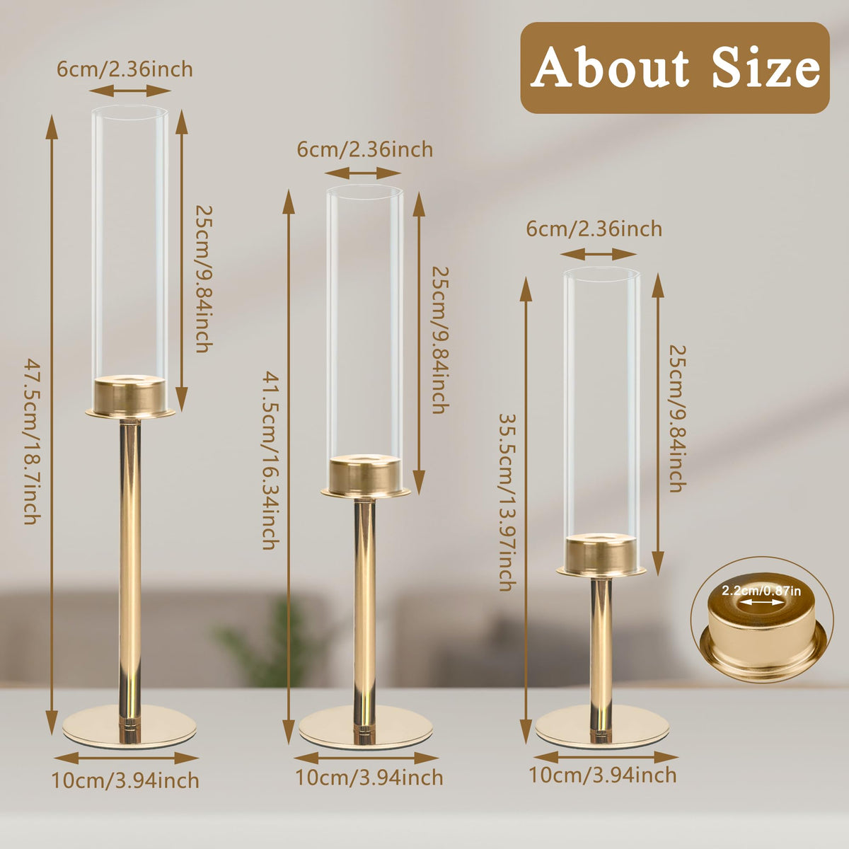 QTRQTR 3 PCS Gold Hurricane Candle Holders Fluted Glass Candlestick Holder