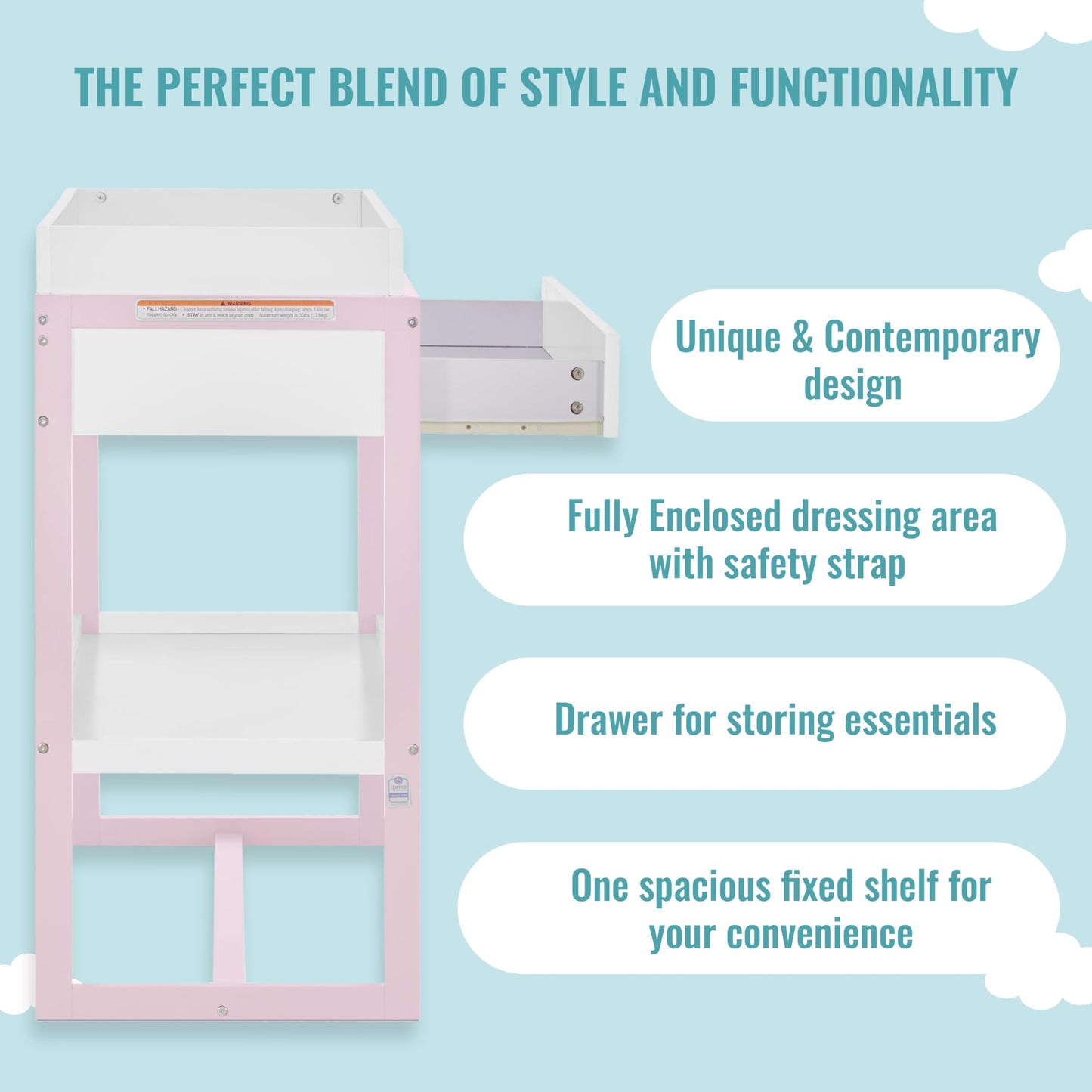 Dream On Me Arlo Changing Table in Blush Pink – Enclosed Dressing Area with Safety Strap, Solid New Zealand Pinewood, Non-Toxic Finish, Spacious Fixed Storage Shelf, Water-Resistant 1" Changing Pad