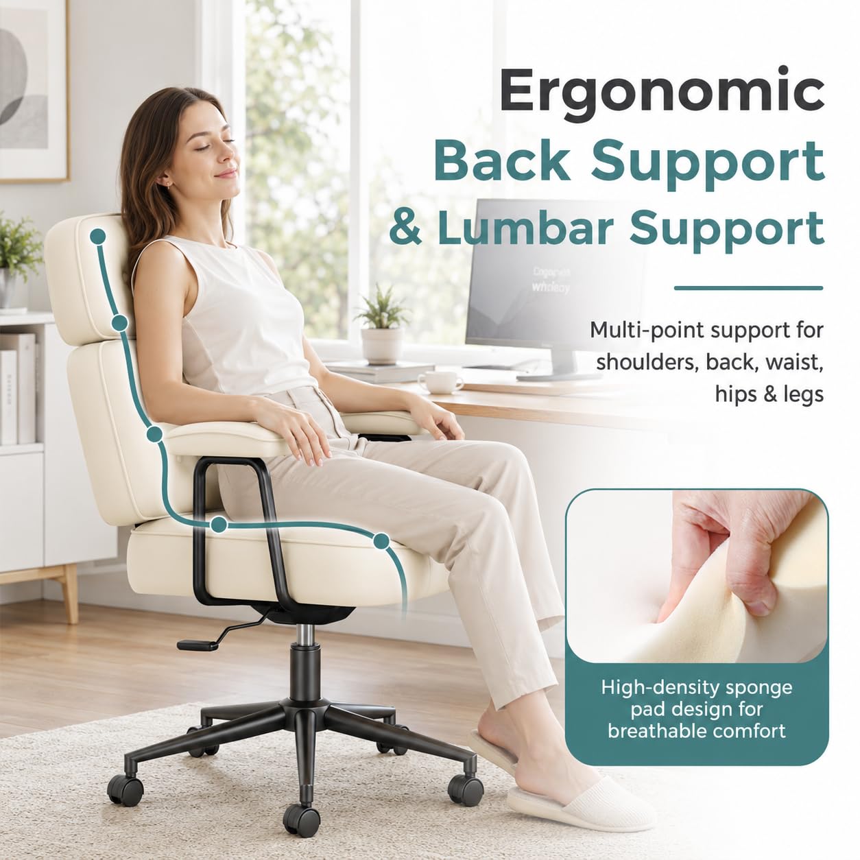 Ergonomic Home Office Desk Chair, PU Leather Computer Chair with Lumbar Support, Adjustable Height, 360° Swivel Rolling Wheels, Executive Task Chair for Office, Gaming, Meeting Room, Beige