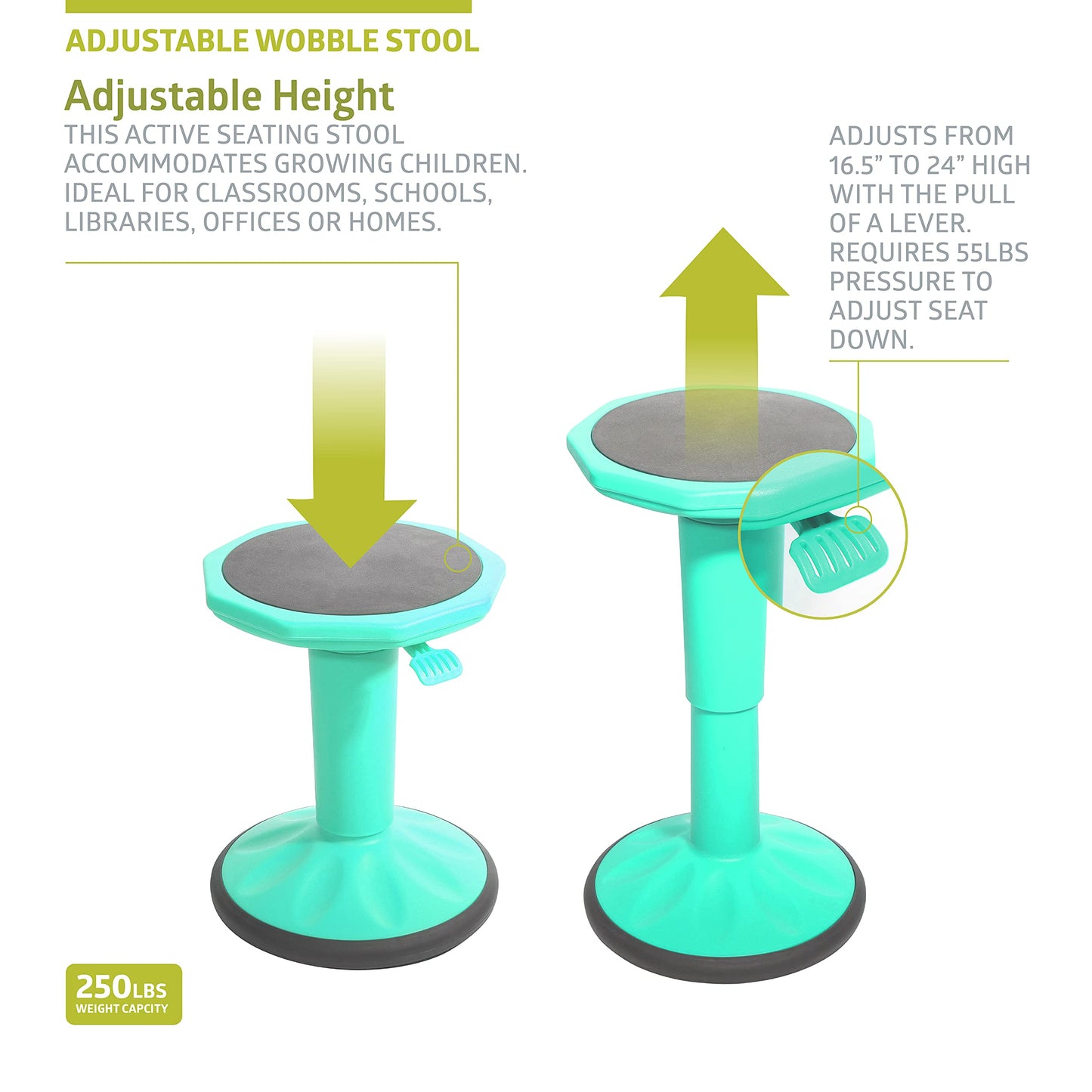 Pearington SitFree Height Adjustable Wobble Stool, Active Flexible Seating Chair for Kids and Adults - School and Office, Teal
