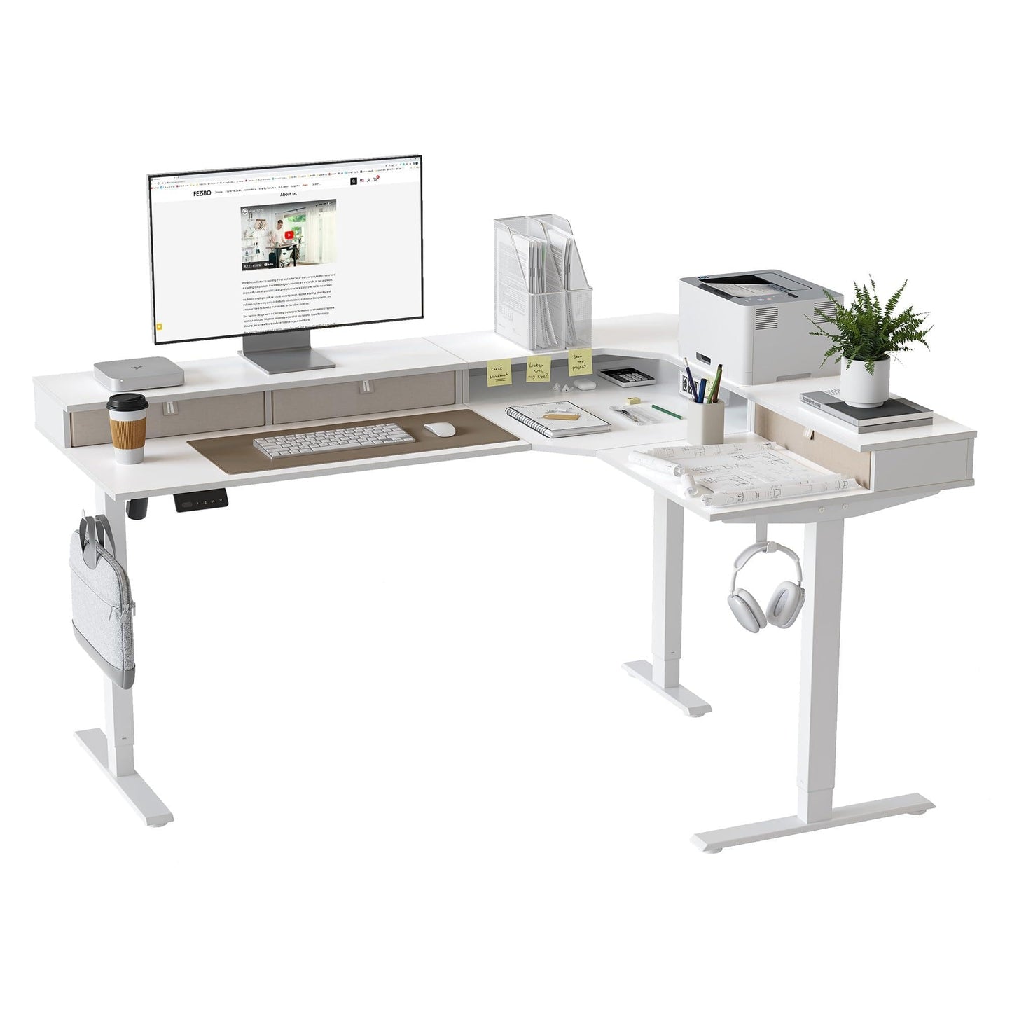 FEZIBO L Shaped Standing Desk, Electric Corner Desk with Drawers, 63 x 48 Inches Reversible Tabletop, Ergonomic Computer Desk, White Top
