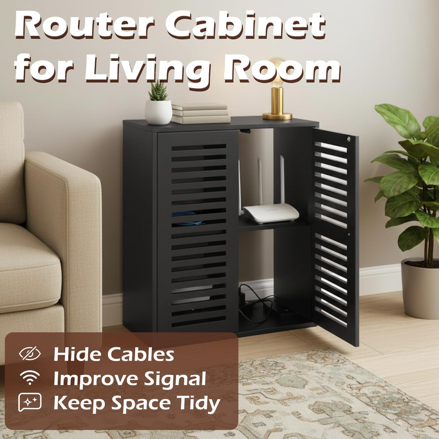 WiFi Router Storage Cabinet, Floor Standing Router Storage Box Modem, Multi-Functional Router Storage Box, Power Strip and Cable Management Hider Organizer for Living Room, Office, Bedroom, Black