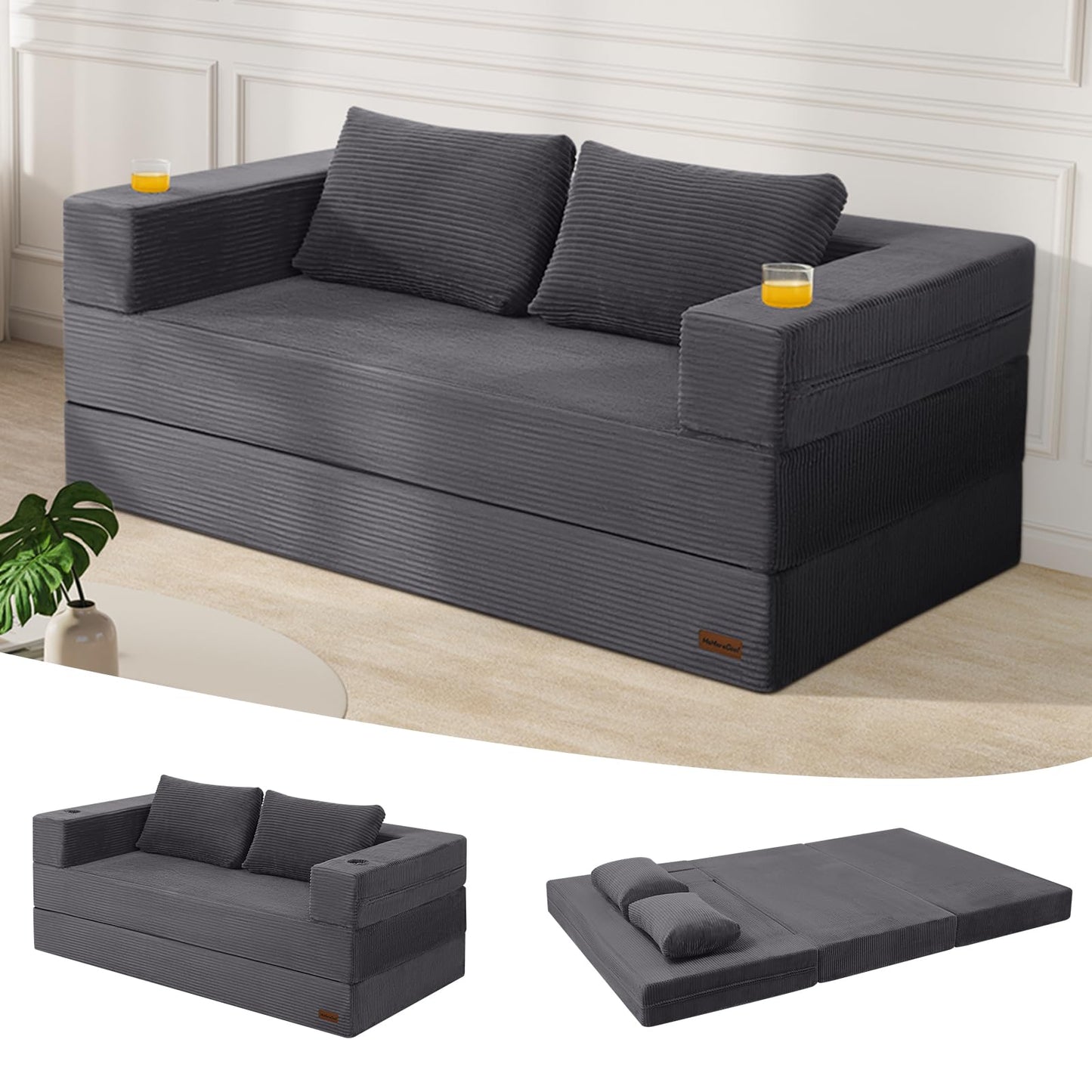 MeMoreCool Futon Couch Convertible Sofa Bed Queen, Folding Floor Couch Bed with Pillow, Corduroy Grey Foldable Sofa Sleeper, Fold Out Boneless Loveseat Lounge for Living Room Small Spaces