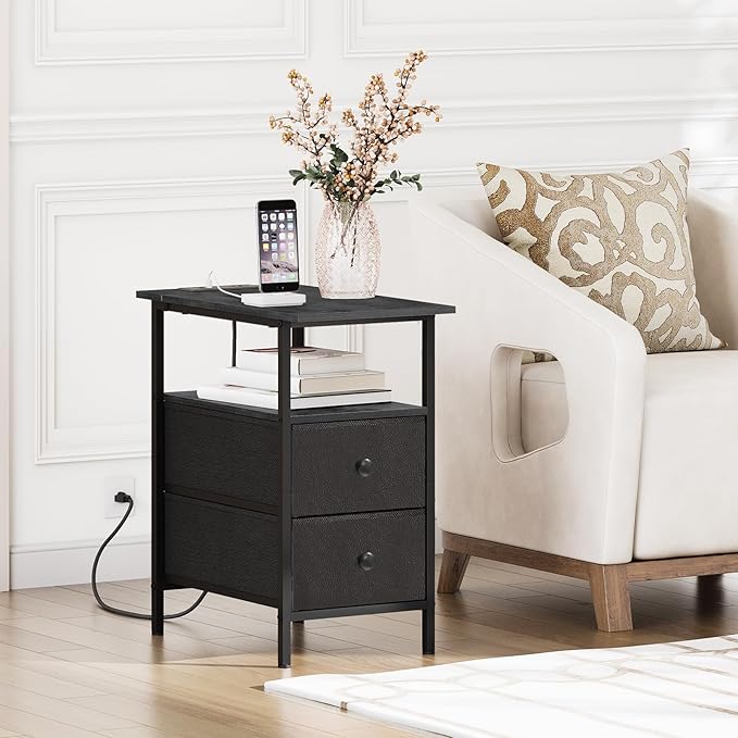 HOOBRO End Table with Charging Station, Narrow Side Table, Nightstand with 2