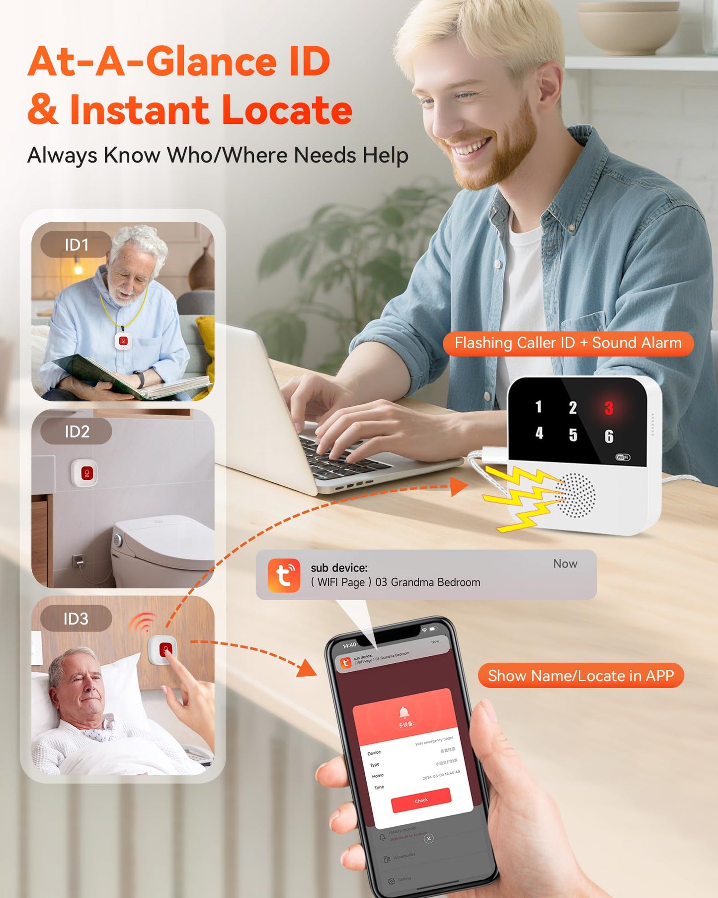 PILSAMSA WiFi Caregiver Pager Wireless Call Button with Flashing Caller ID & App Alerts, 3 Waterproof Panic Button, Medical Alert Systems for Seniors No Monthly Fee, Alert Button for Seniors at Home