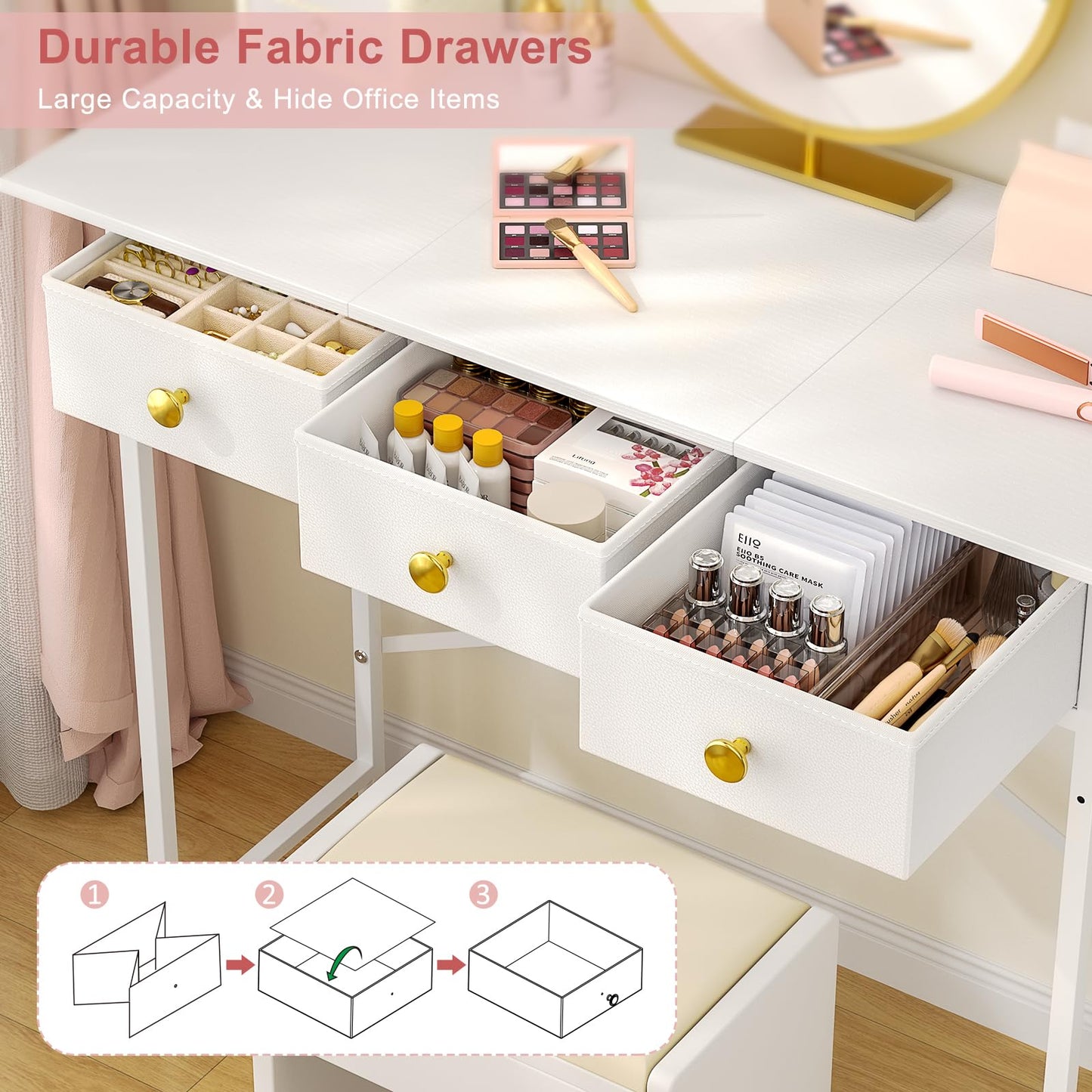 DAOUTIME Makeup Vanity Desk No Mirror, 37.2 Inch Vanity with 3 Drawers, Girls Vanity Dressing Table for Bedroom, Small Vanity Table Home Office Desk for Small Spaces, White
