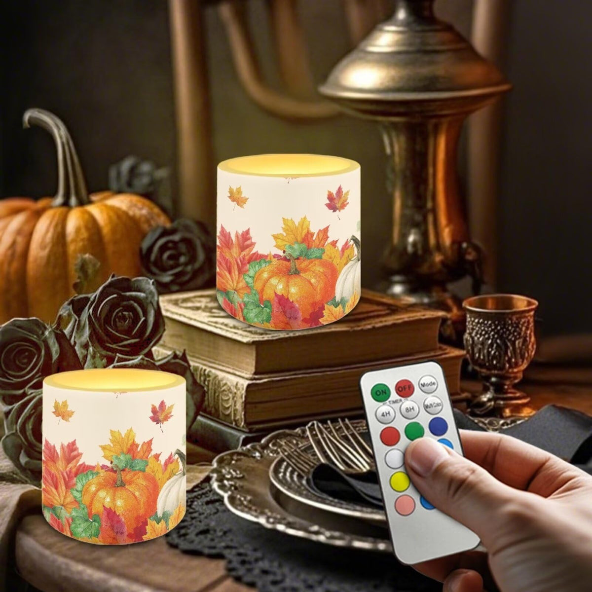 Cozeyat Harvest Pumpkin Flameless Candles 4 Pack Battery Operated with Remote Control Timer LED Pillar Candles Waterproof for Indoor Outdoor Use
