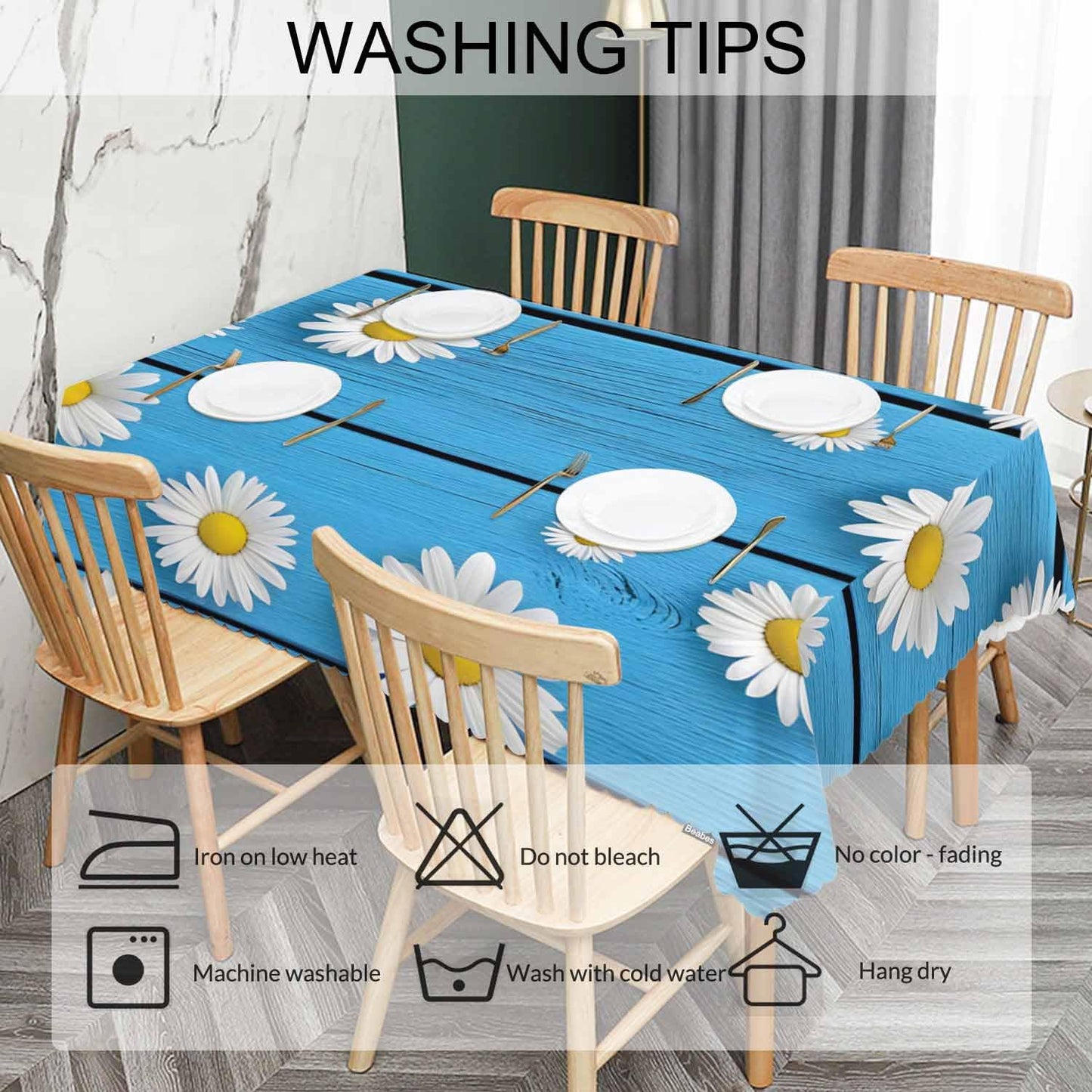 Beabes Tablecloth Daisy, Blossom Floral Daisy Chamomile Wood Blue Rectangular Table Cover Kitchen Table Cloth for Dining Hotel Coffee Parties Tabletop Decoration, 52x70 Inch