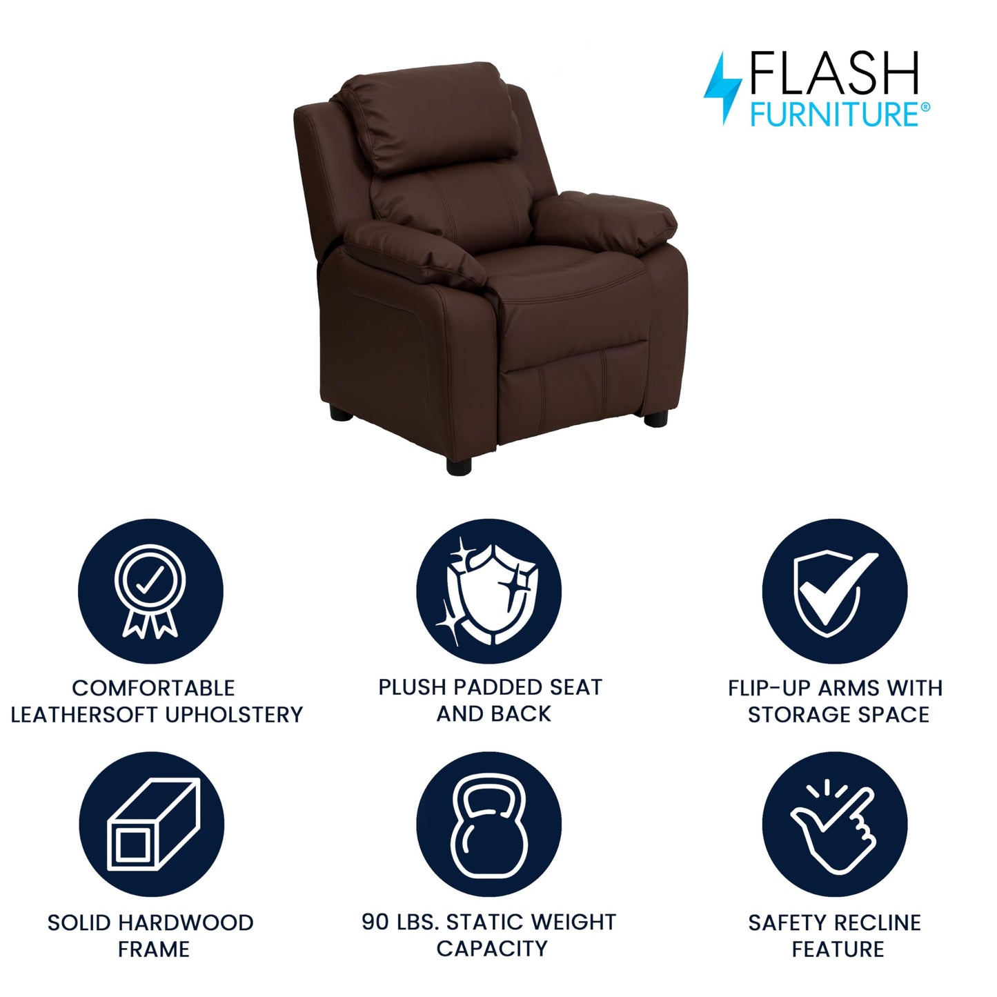 Flash Furniture Charlie LeatherSoft Kids Recliner with Flip-Up Storage Arms and Safety Recline, Contemporary Reclining Chair for Kids, Supports up to 90 lbs., Brown