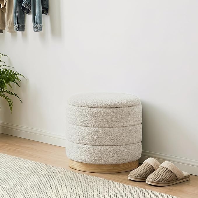 Round Storage Ottoman with Reversible Tray Lid, Folding Chenille Fabric