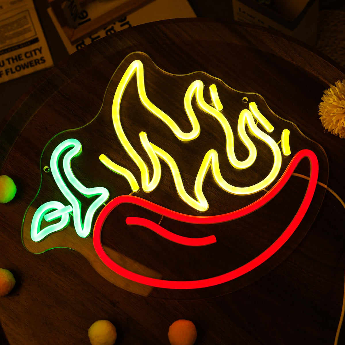 Flaming Hot Chili Peppers Neon Signs Red Yellow Foods for Mexican Spicy Restaurant Open LED Sign Chili Neon Lights Cook Off Decoration for BBQ Party Chili Contest Tasting Party Decor