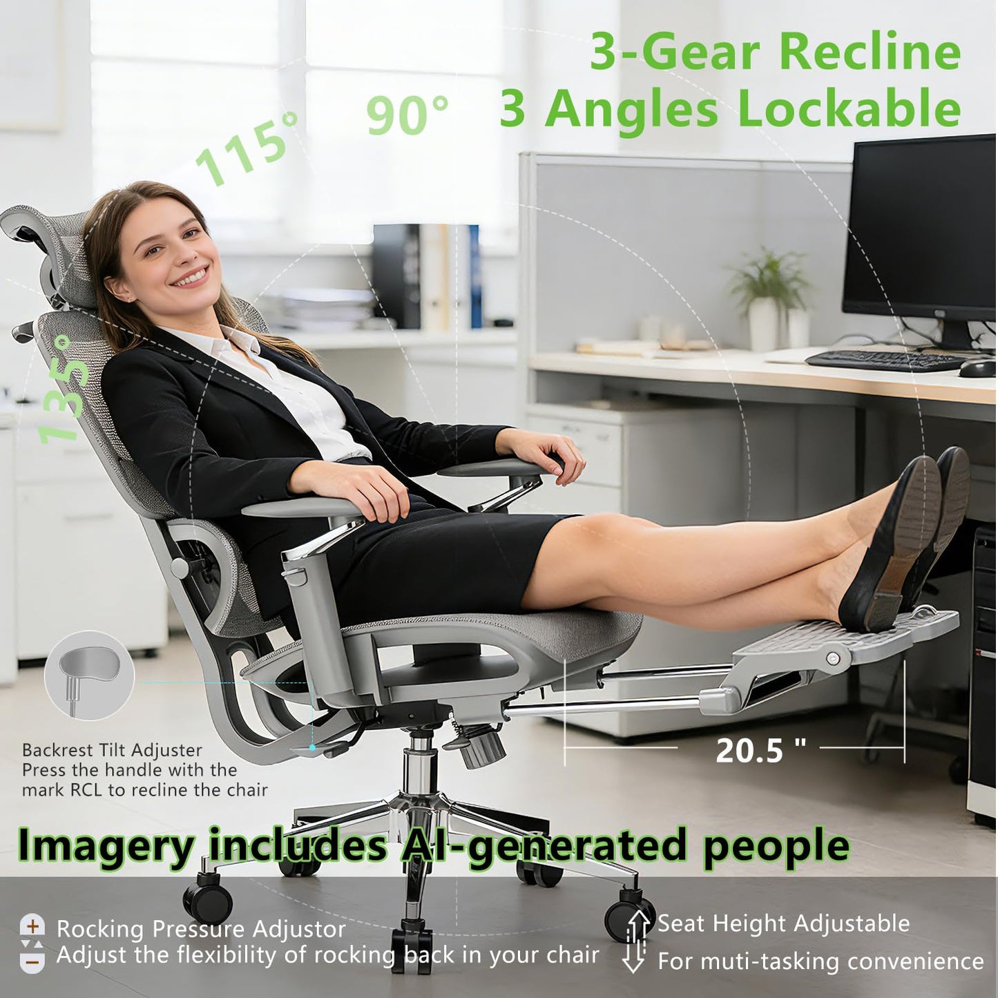 Forzolit Ergonomic Office Chair with Footrest,High Back Mesh Desk Chair,Lumbar Support & 90-135°Recline,3D Headrest & 6D Armrests,Swivel Computer Chair for Home Office, Work & Gaming 1Pack