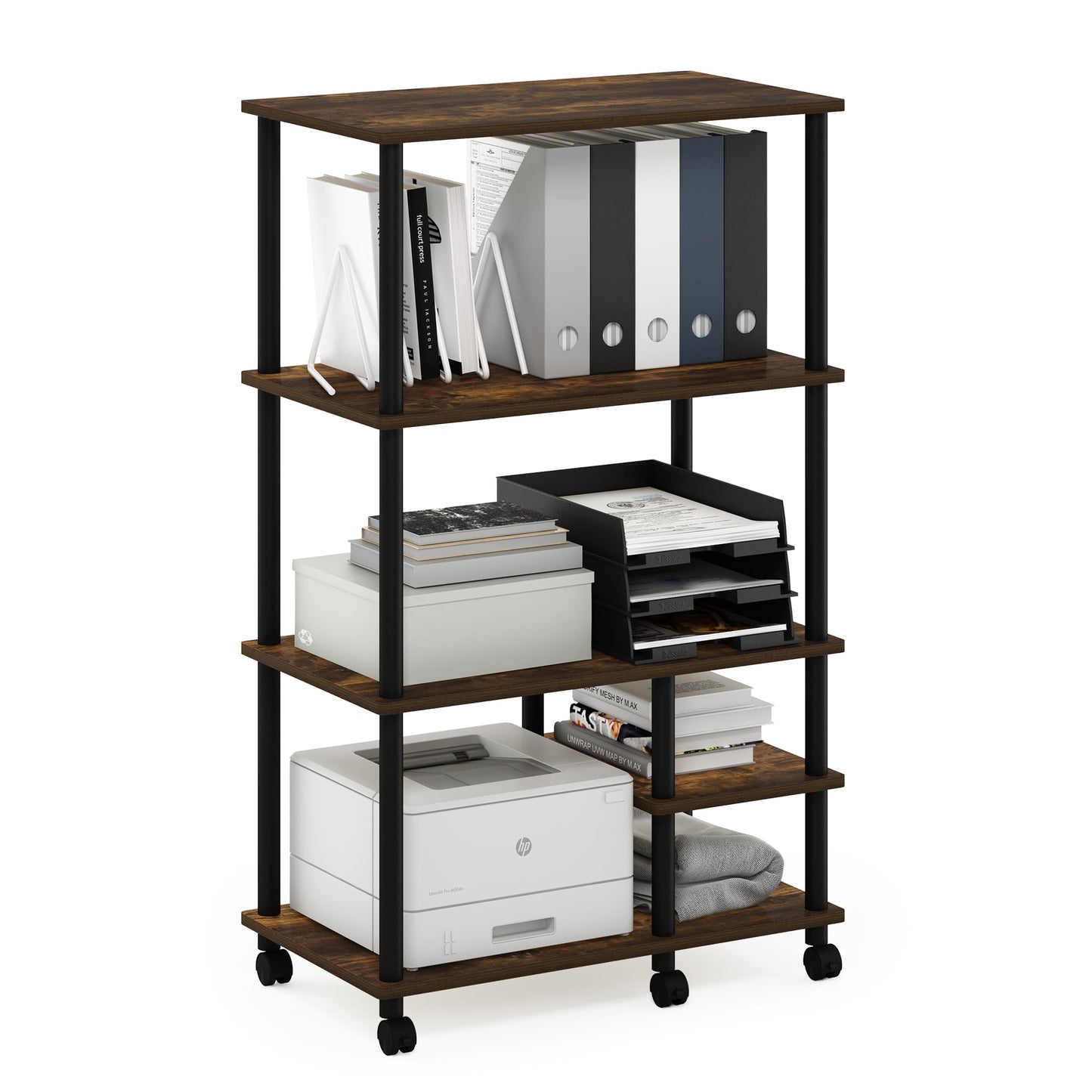 Furinno Turn-N-Tube Toolless Assembly 4-Tier Rustic Brown Printer Stand with Storage Shelf and Casters, Open Frame Standing Shelf, for CPU, Office Supplies, Home Office, Amber Oak