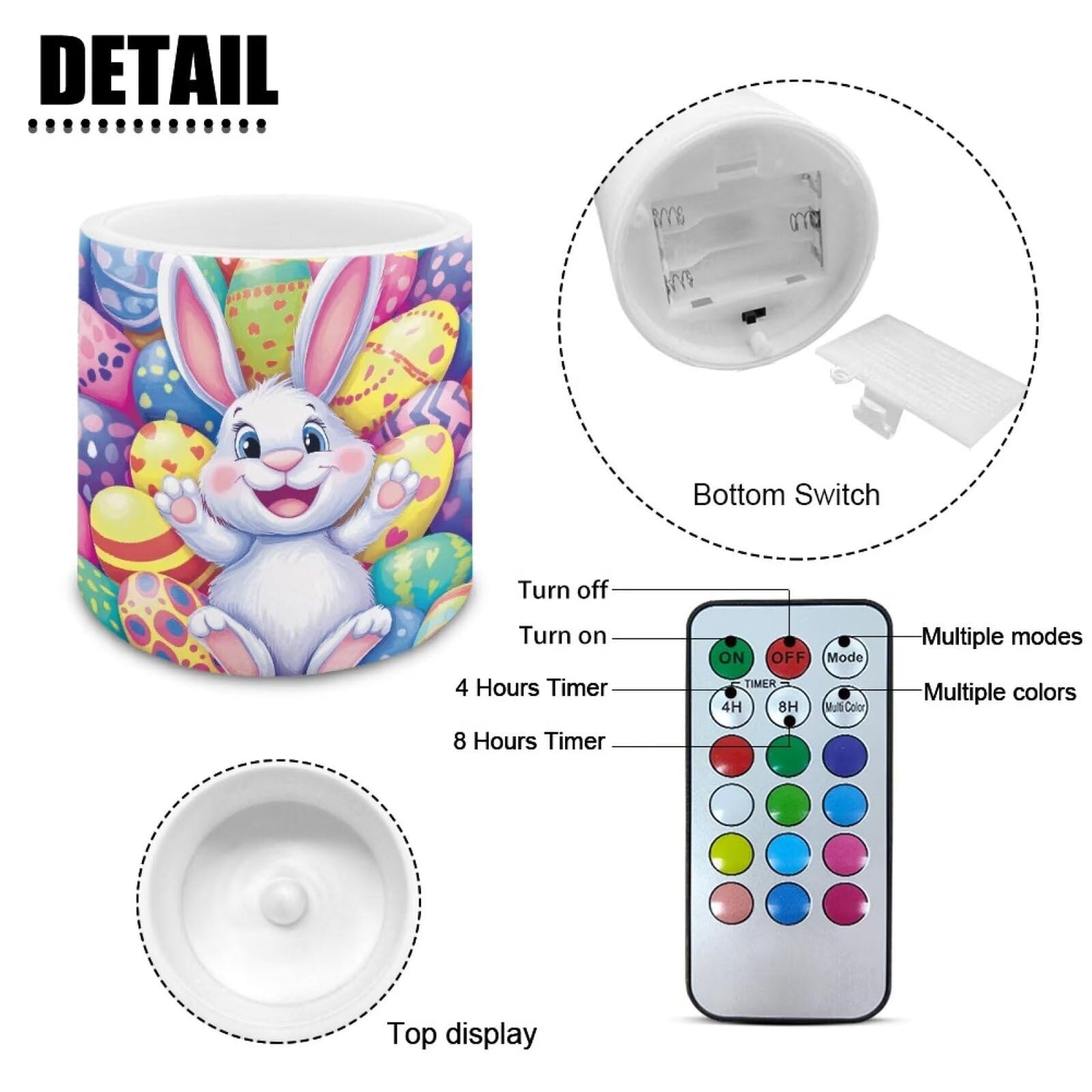 Merkmak Pack of 4 Flameless Candles with Timer Battery Operated Candles with Remote, Easter Eggs Cartoon Bunny Print LED Pillar Tea Lights for Easter Day Patio Banquet Home Decoration