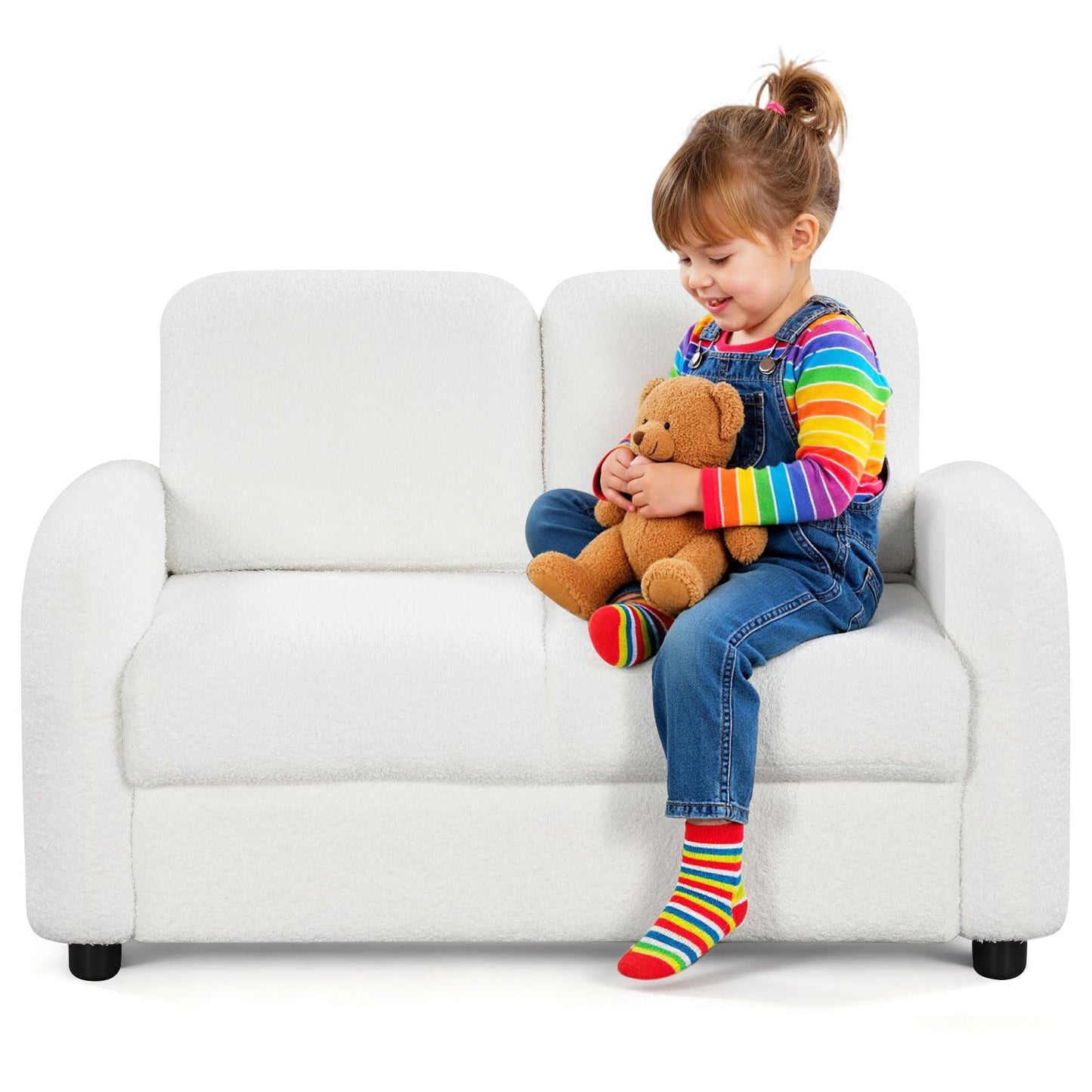 Costzon Kids Couch, 2 Seat Toddler Armrest Chair w/Teddy Fleece Upholstery & Solid Wooden Frame, Double Seat Children's Sofa for Preschool, Bedroom, Playroom, Daycare, Ideal Gift for Girls Boys