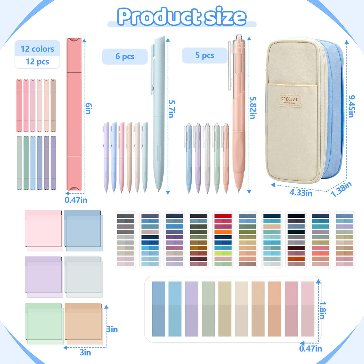 Trandraft 135 Pcs Book Annotation Kit with Pencil Case, 12 Pastel Highlighters, 11 Gel Pens, Fine Marker, 300 Transparent Sticky Notes, 2640 Index Tabs, Bible Study Supplies Kit(Classic,Light Blue)