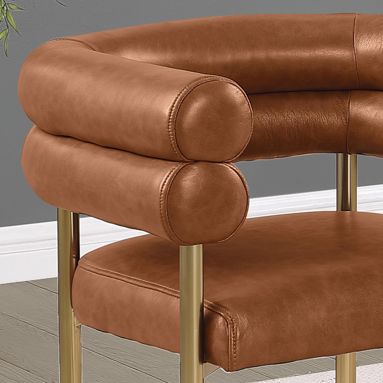 Modern Double Bolster Dining Chairs Set of 2, Leath-Aire Upholstered Tub Chairs with Gold Base, Mid-Century Accent Chairs for Dining Room, Living Room, & Office (Toffee/Gold)