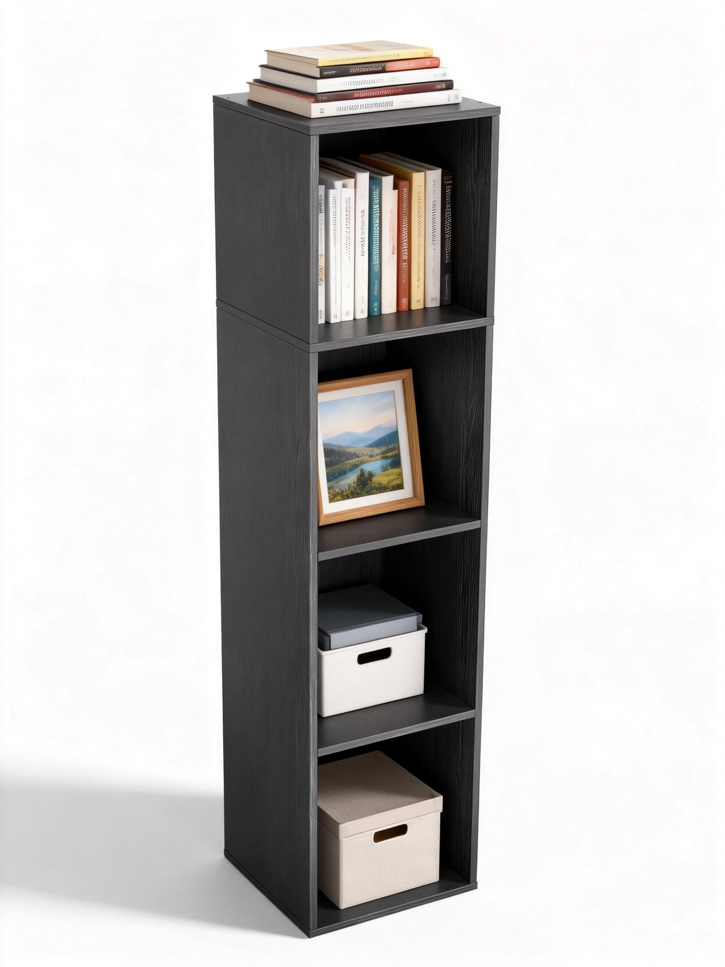 NewBeth 4 Cube Storage Organizer, 4 Tier Cube Low Bookcase Freestanding Storage Display Organizer, Four-Cubes Open Shelf Bookshelf for Home Office (Black, 4-Cube)
