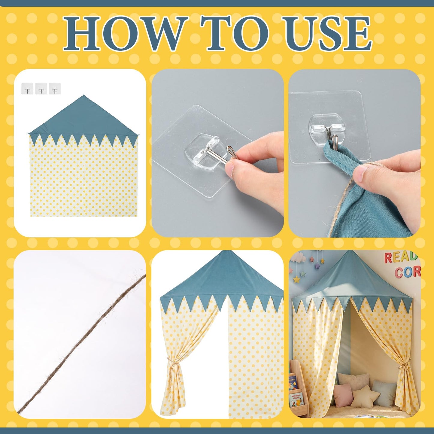Tigeen Reading Corner Decoration Include Reading Nook Tent with 3 Adhesive Hooks Corner Play Tent Hanging Wall Mounted Canopy with Polka Dot Curtains for Bedroom Nursery Playroom Decoration