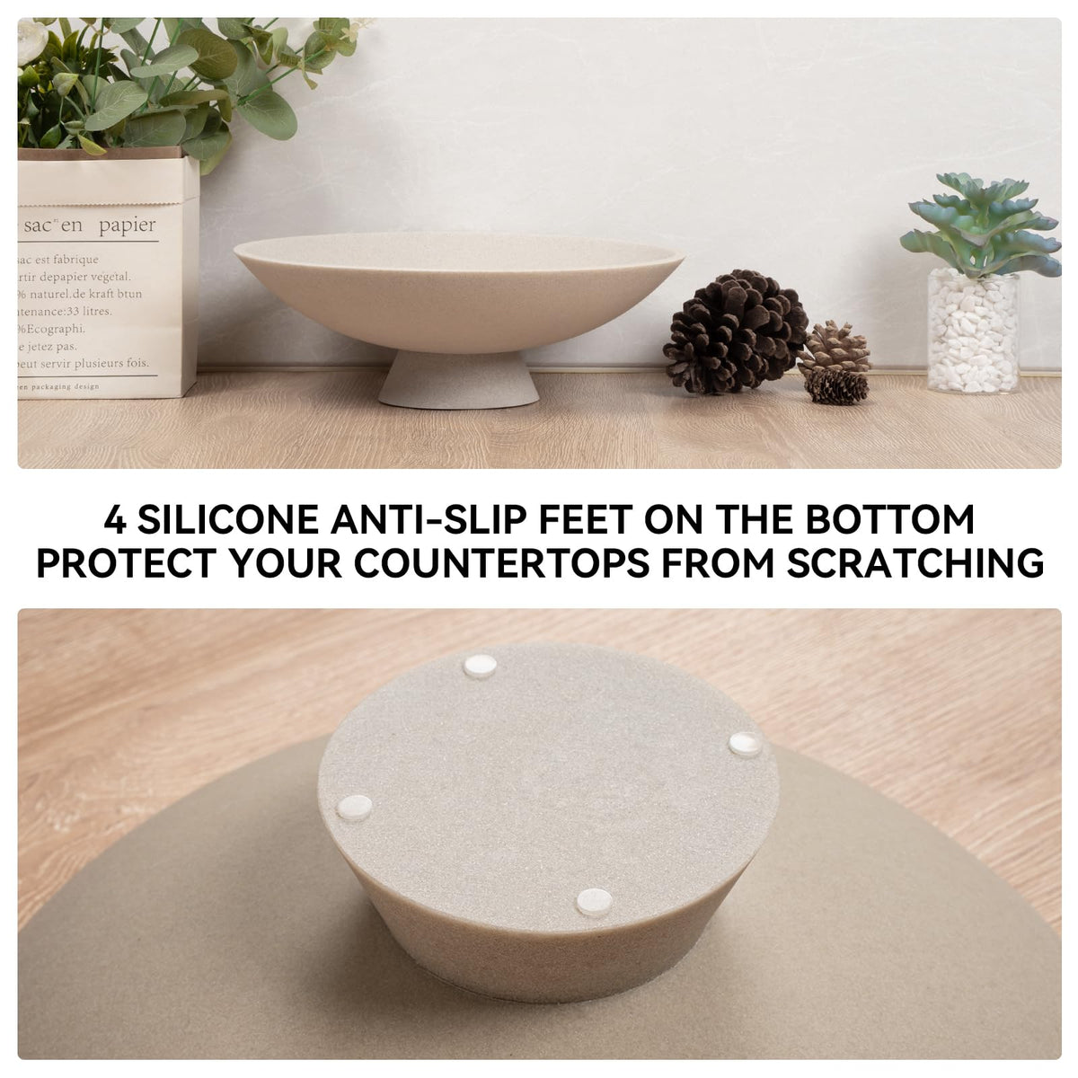Modern Decorative Fruit Bowl, Beige Resin Artificial Stone Pedestal Bowl, Handicraft Table Centerpiece for Entryway, Coffee Table, Kitchen & Home Decor