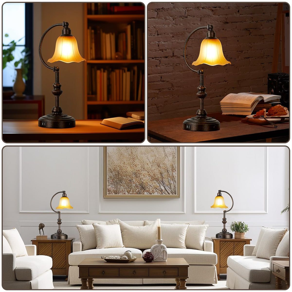 RORIA Touch Farmhouse Table Lamp for Living Room with USB C+A Ports