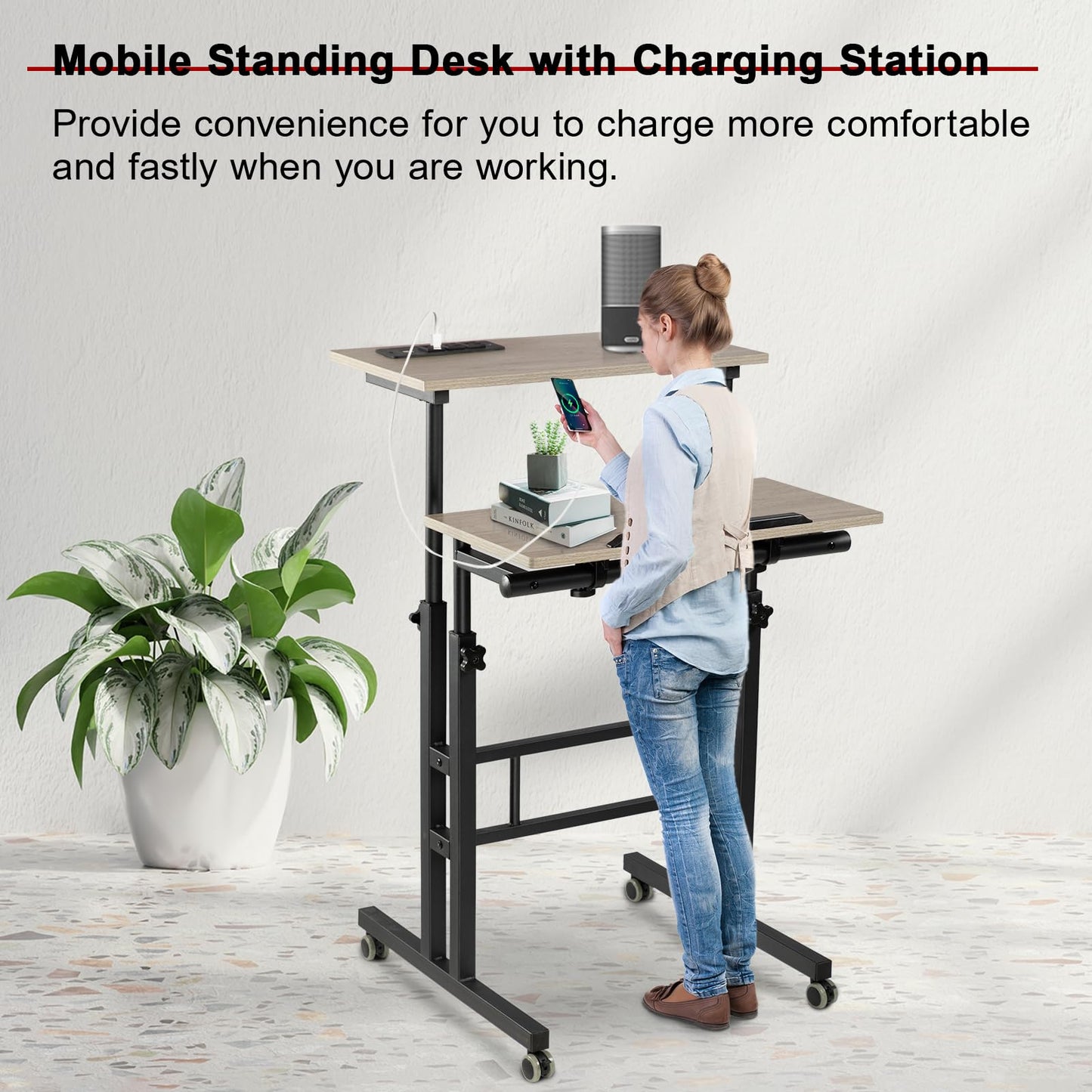 Hadulcet Mobile Standing Desk with Charging Station, Adjustable Standing Computer Desk, Standing Adjustable Laptop Cart with Wheels for Home Office Classroom Light Grey