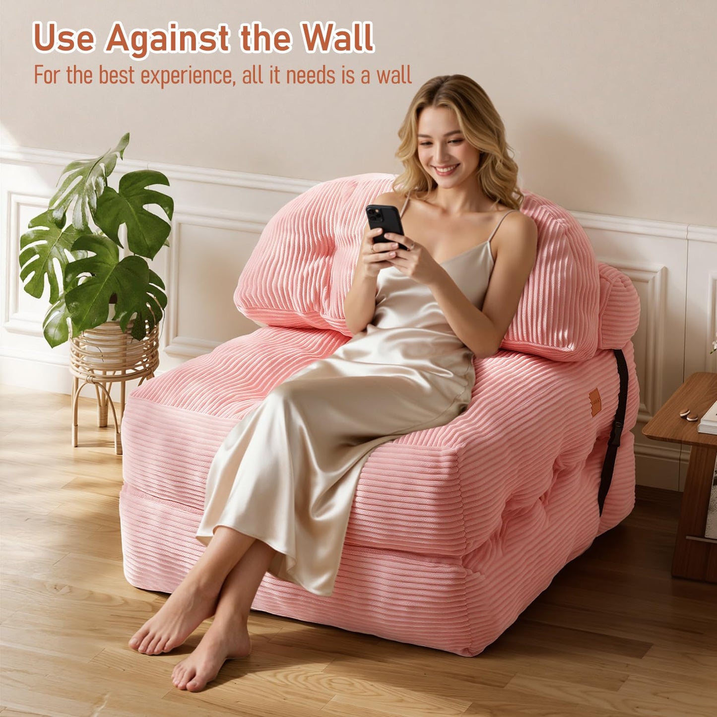 Vellorise Folding Sofa Bed, Convertible Sleeper Chair with Back Support and Pillow Futon,Boneless Foldable Couch for Living Room/Guest Use/Home Office, Foldable Chair Bed for Adults, Pink