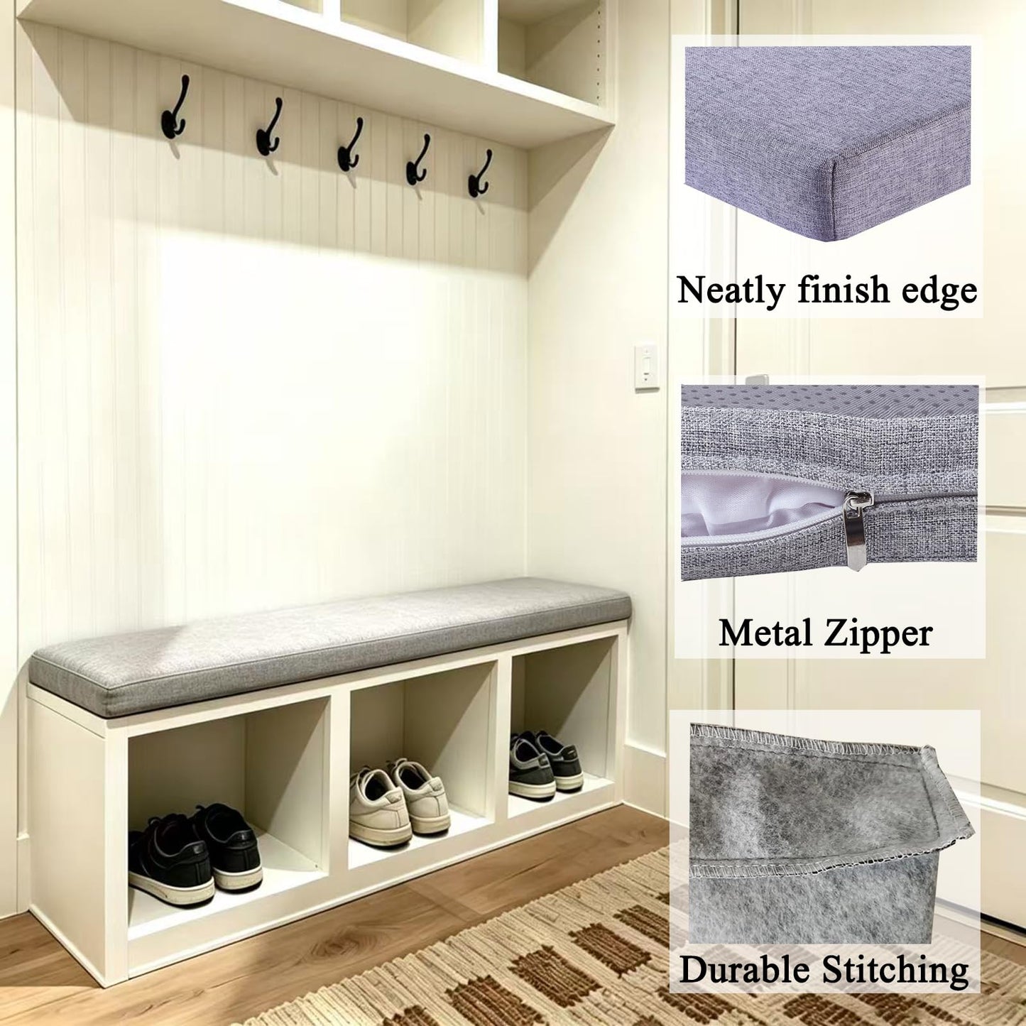 MICUSHION 32 x 12 Inch Piano Bench Cushion for Indoor Shoe Storage with Ties Non Slip Picnic Bench Pad for Kitchen Dining Table Seat, Ash Grey
