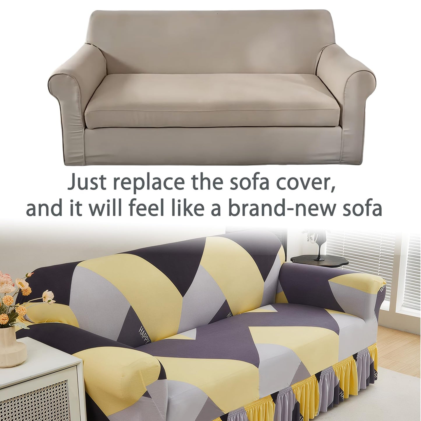 Ausing Single Sofa Cover with Skirt Modern Printed Armchair Slipcover High Stretch Furniture Protector Washable Non-Slip Couch Cover Yellow Geometric(35”-55”)