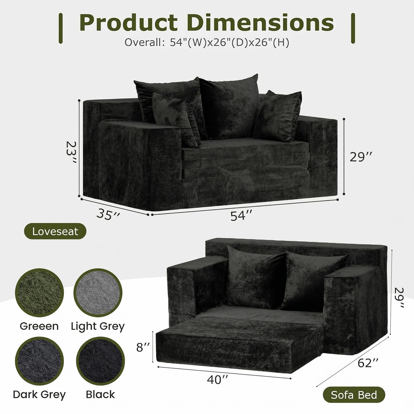 feliz home Boneless Loveseat Couch, Convertible Sofa Bed Folding Couch Bed, Boneless Chair Bed & Futon Sofa Bed, Small Pull Out Couch Foldable with 4 Pillows for Living Room, Black