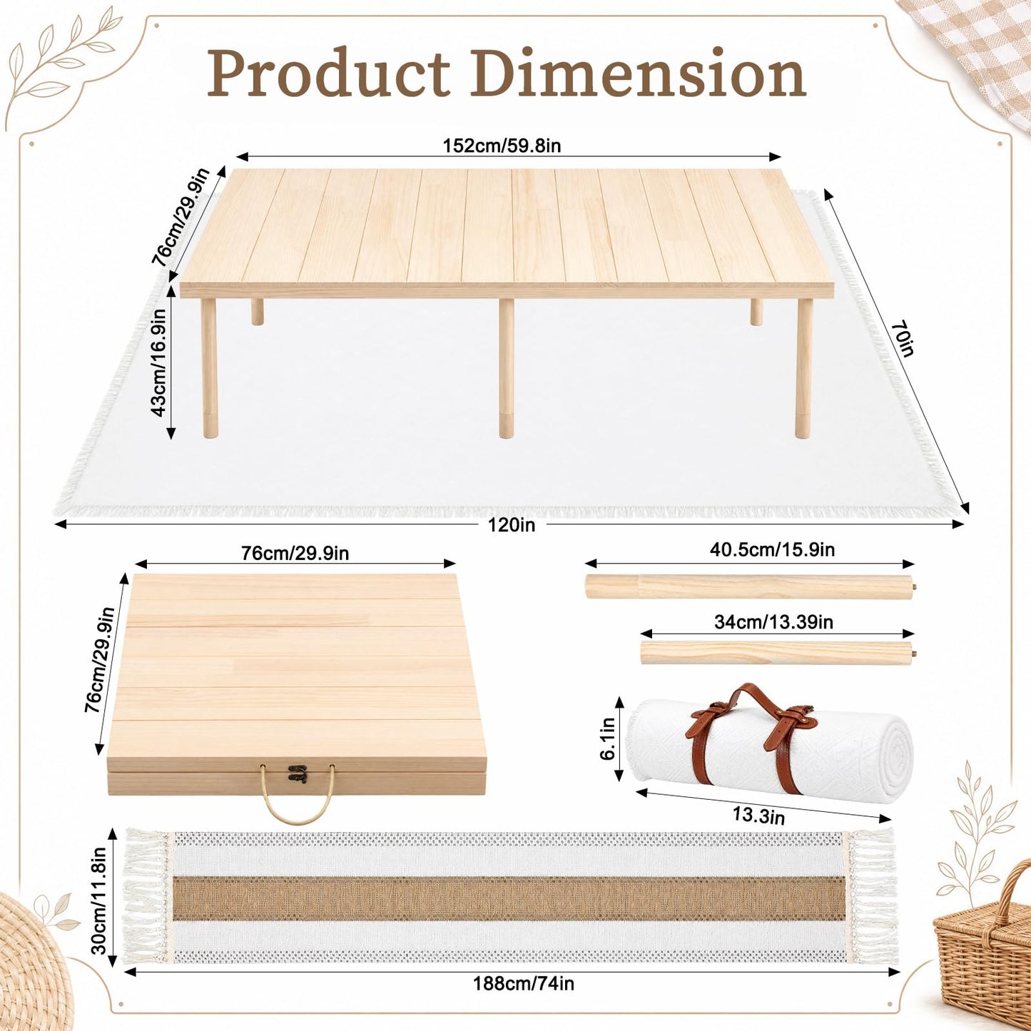 60" x 30" Inch Boho Folding Picnic Table with Picnic Blanket Set and Tables Runner Portable Large Wooden Table with Adjustable Heights for Photoshoot Camping Beach BBQ Wedding Party Size for 6 People