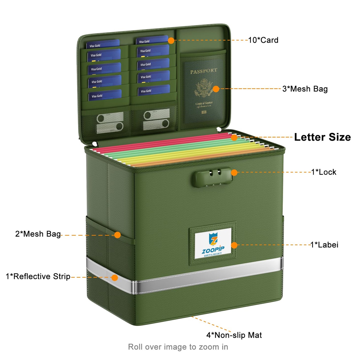 ZOOPIP Fireproof File Box with Lock, Document Box Storage Organizer, Suitable for Hanging File Folders in Letter Size, Collapsible File Box, Reflective Strip for Fast Find (12.2"*6"*10.2, Green)