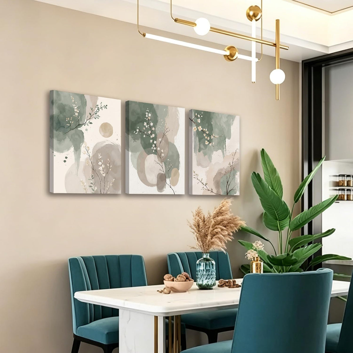 Framed canvas floral wall art neutral colors hazy feel botanical print poster gallery style painting print for living room bedroom bathroom office 16x24 inch 3-piece set.