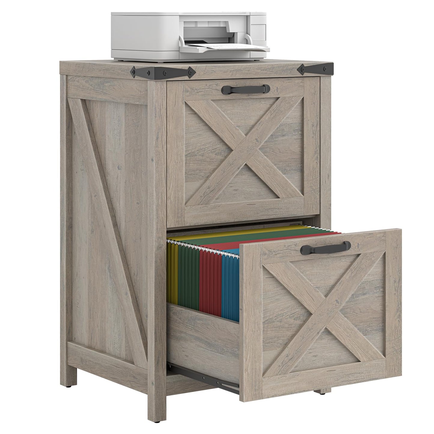 Halitaa 2 Drawer Small File Cabinet, Farmhouse Vertical Filing Cabinet Fits Letter and A4 Size, Under Desk Wooden File Cabinets for Home Office, Printer Stand, Grey