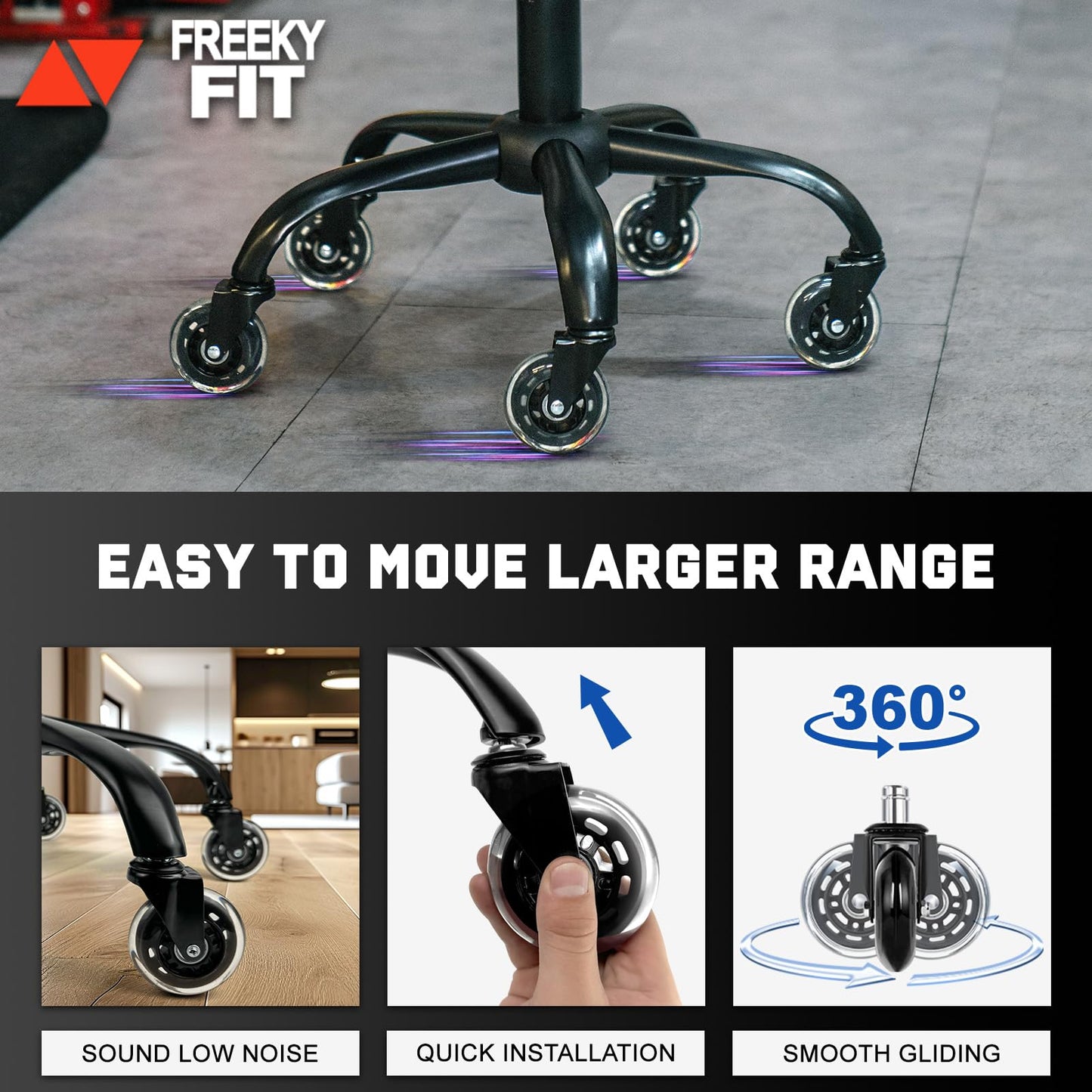 FreekyFit Rolling Shop Stool with Wheels, Rolling Short Stool with Back Support, 360° Swivel Garage Chair, Height Adjustable Chair 330lb Heavy Duty for Spa Salon Massage Home Office Tattoo (Black)
