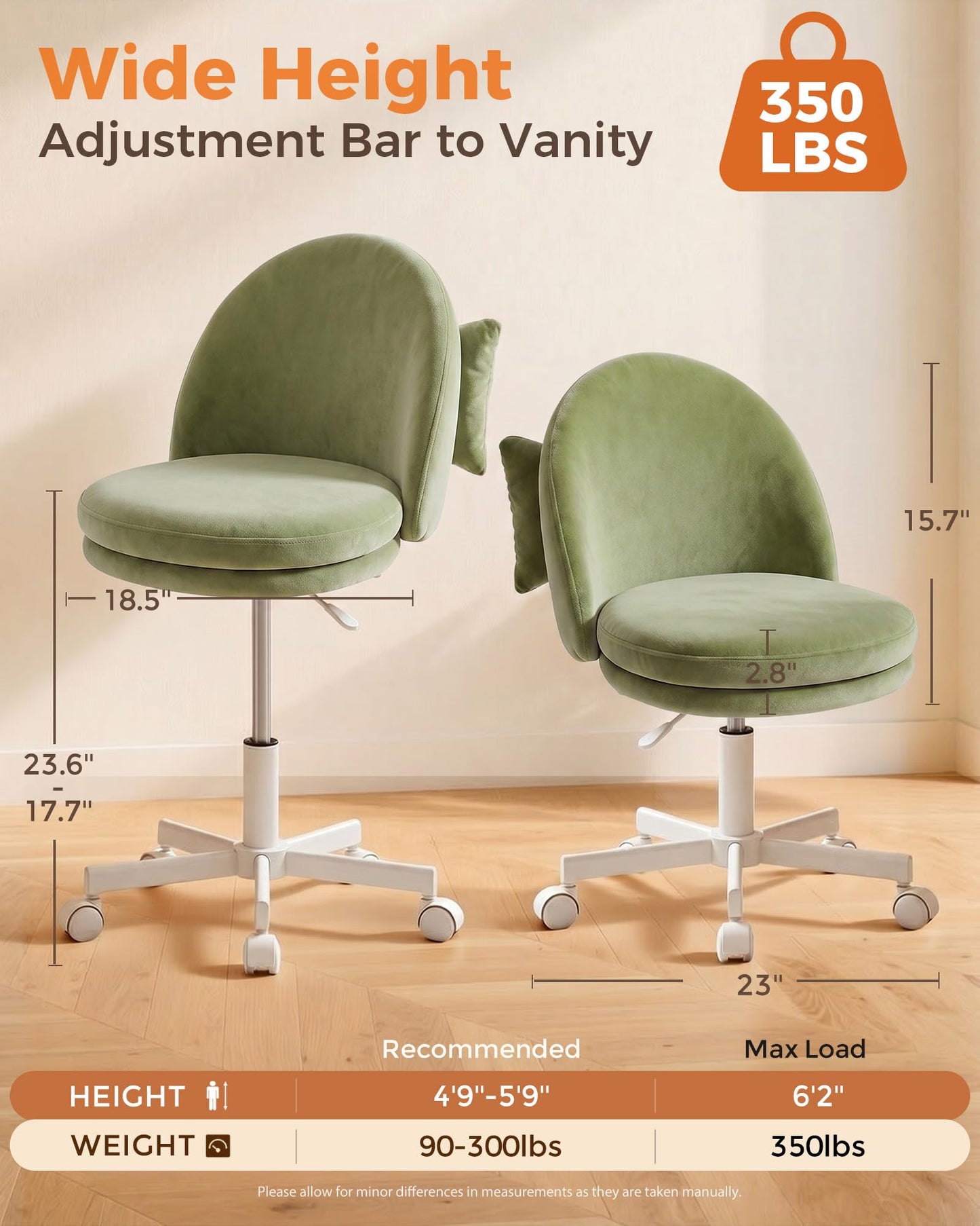 GTPLAYER Velvet Tall Office Chair with Wheels Vanity Chairs with Back, Versatile Height Use: Office to Bar Stools Small Ergonomic Comfy Armlees Computer Desk Chair with Bow Lumbar Pillow for Gift