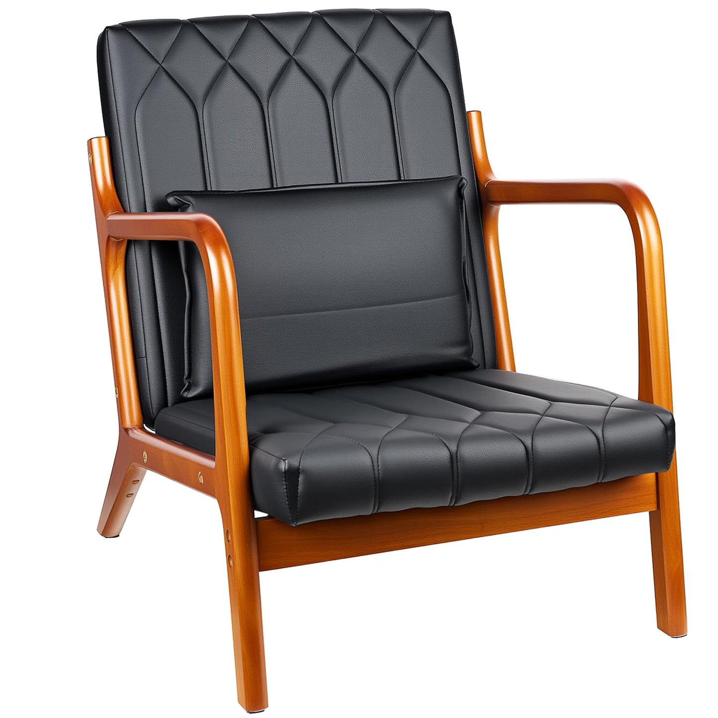 VECELO Mid-Century Modern Accent Chair with Faux Leather Cushion & Solid Wood Frame, Lounge Armchair for Living Room, Bedroom, Office, Black