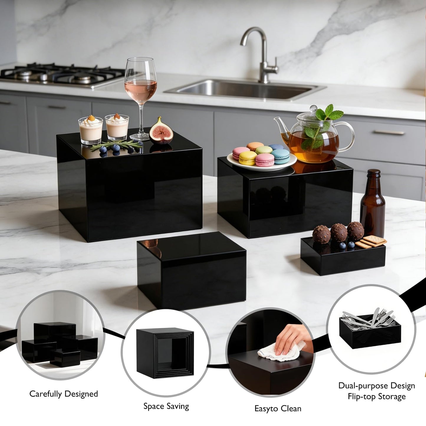 DRKSBESTO 13.8" Extra Large White Risers, Large Size Acrylic Cube Display Nesting Risers, Food risers for buffet table, Black Risers for Catering Dessert Collectibles Jewelry Figures Show