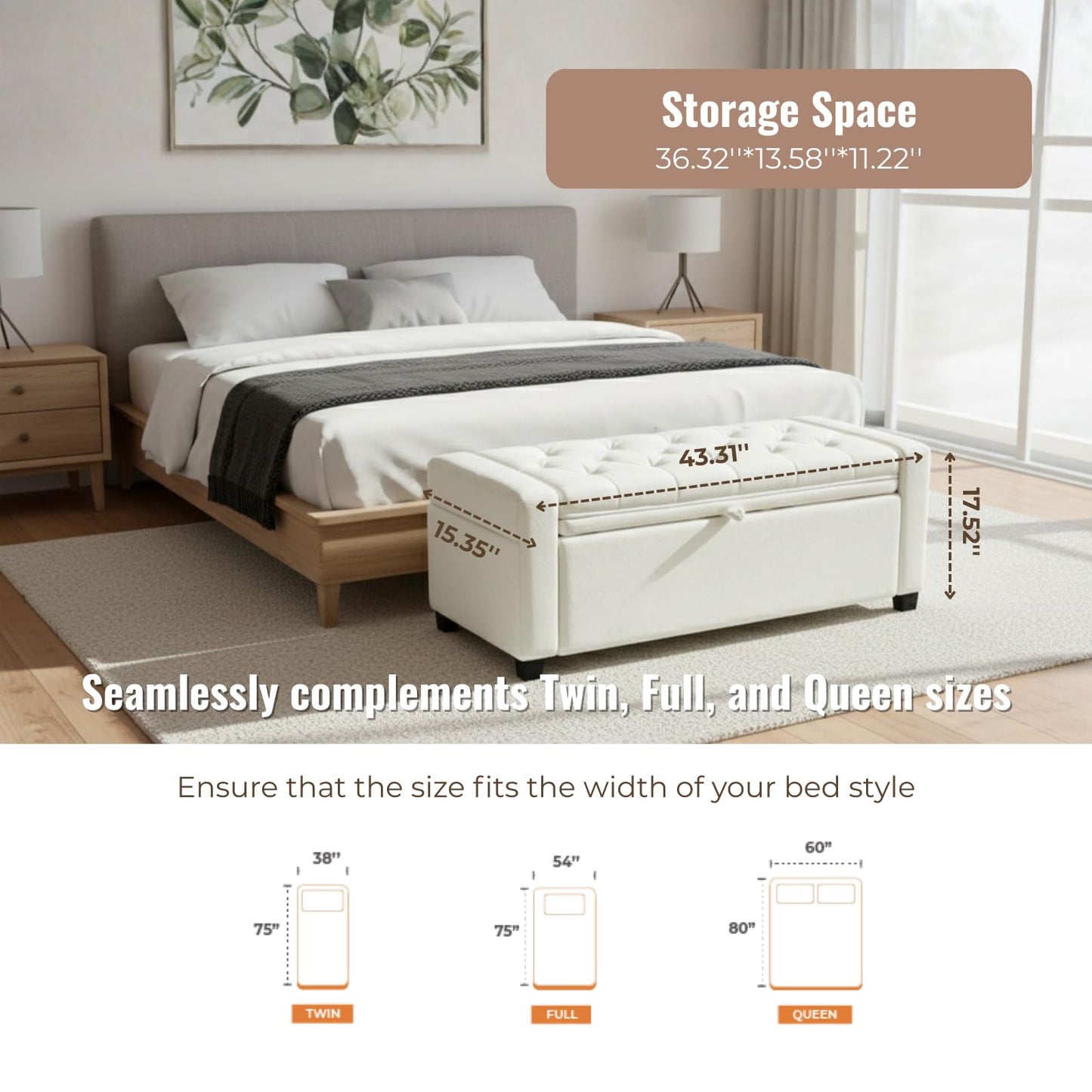 ZideGomai Storage Ottoman Bench for Bedroom, End of Bed Bench with Hidden Storage, Upholstered Tufted Linen Ottoman with Safety Hinge, Bedroom Bench with Storage, 43 Inch, 350lb, Linen Beige