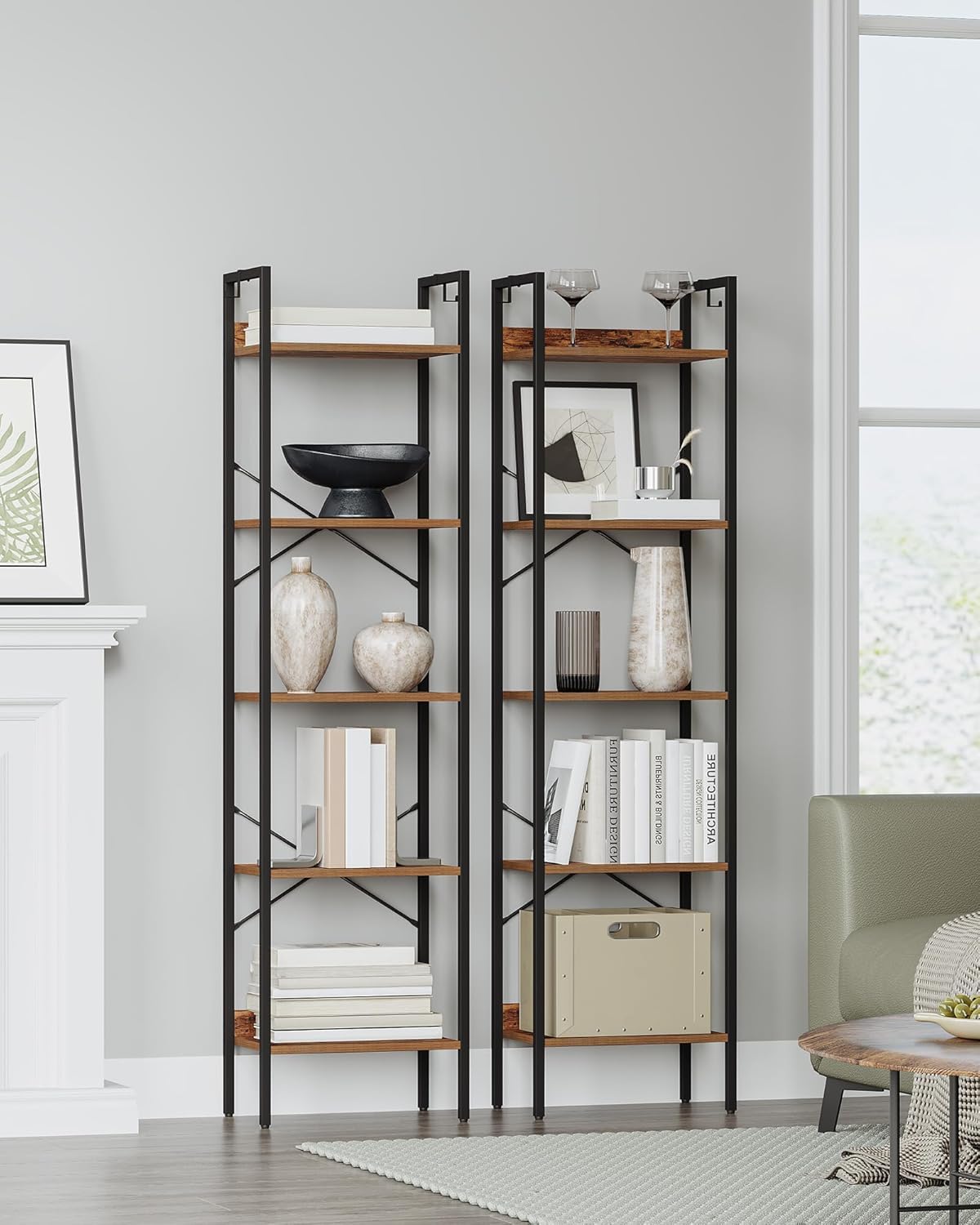 Hzuaneri Bookshelf, Book Shelf, Industrial Bookcase with 2 Hooks, Coner Shelf Storage Organizer for Home Office, Living Room, Bedroom, Kitchen, 5-Tier Rustic Brown BC10501B
